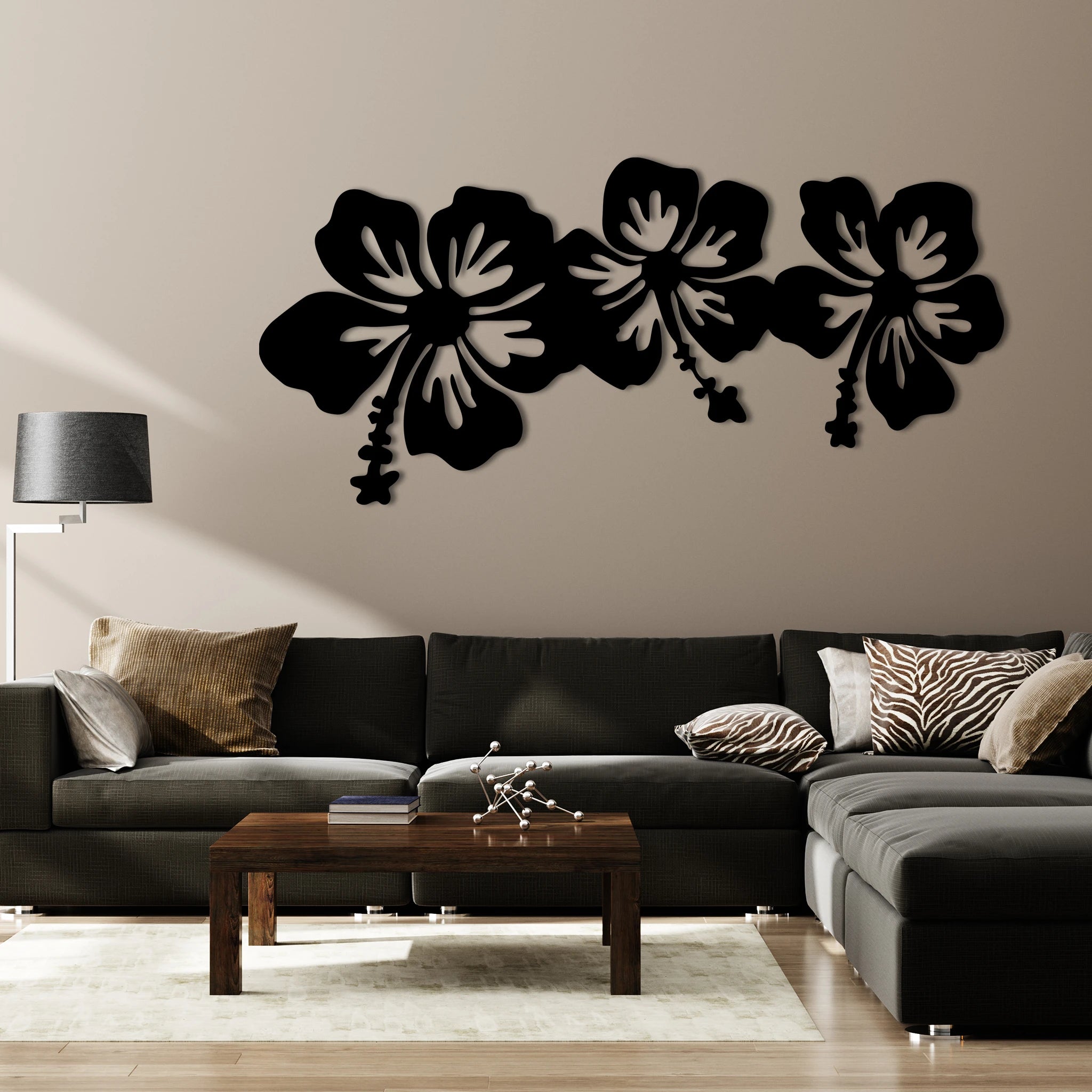 Elegant Hibiscus Floral Metal Wall Art Set 85 × 40 cm / Black