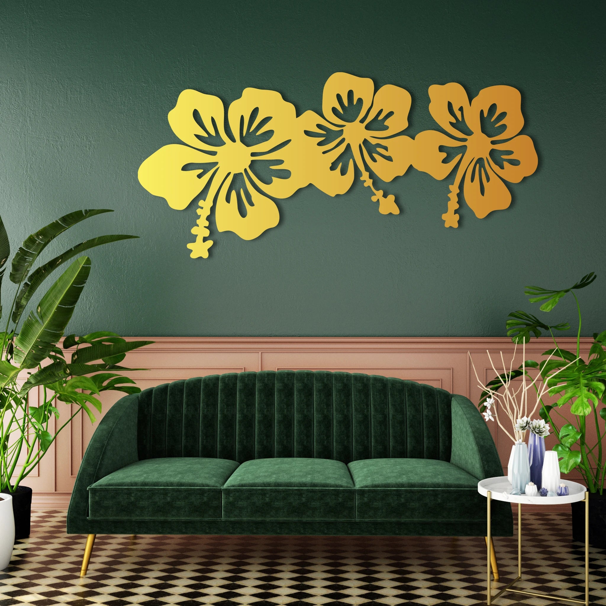 Elegant Hibiscus Floral Metal Wall Art Set 85 × 40 cm / Black