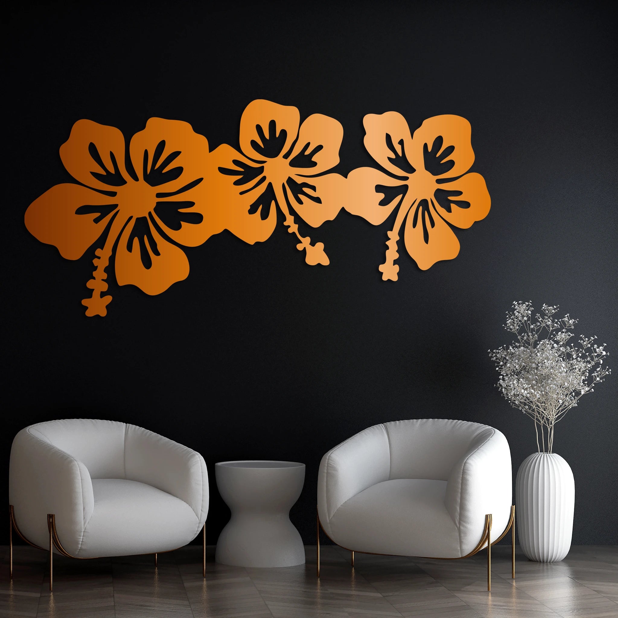 Elegant Hibiscus Floral Metal Wall Art Set 85 × 40 cm / Black