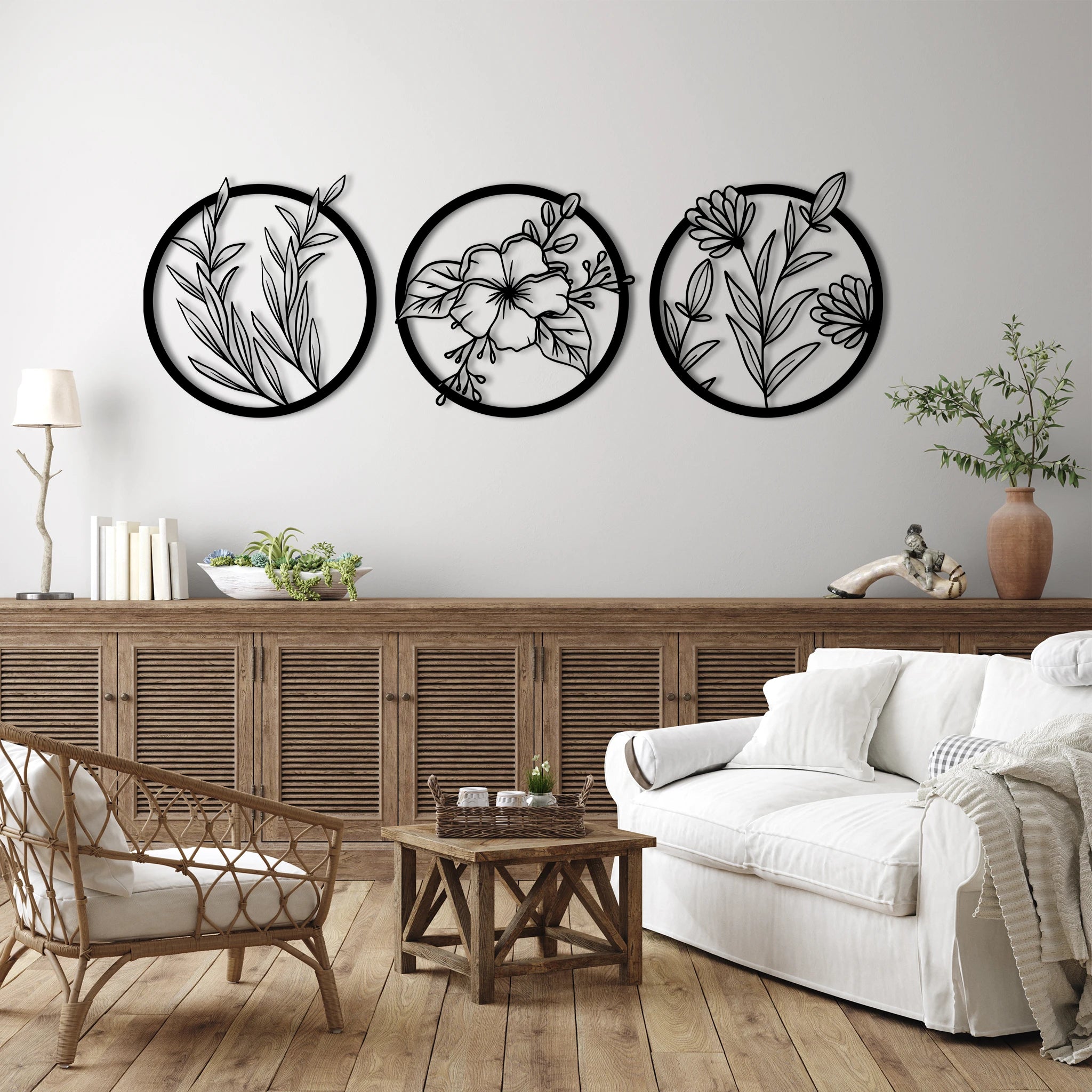 Delicate Botanical Circle Metal Wall Art Set 60 × 60 cm / Black