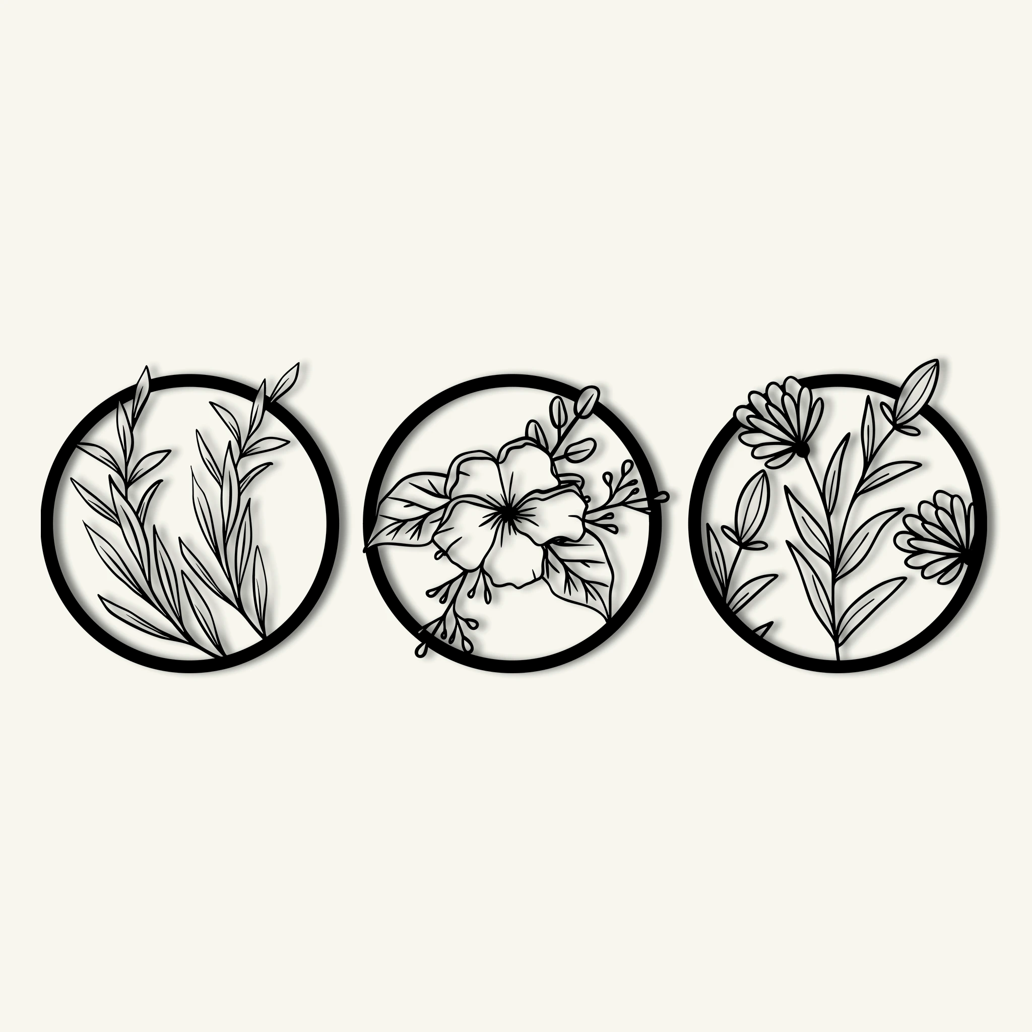 Delicate Botanical Circle Metal Wall Art Set 60 × 60 cm / Black