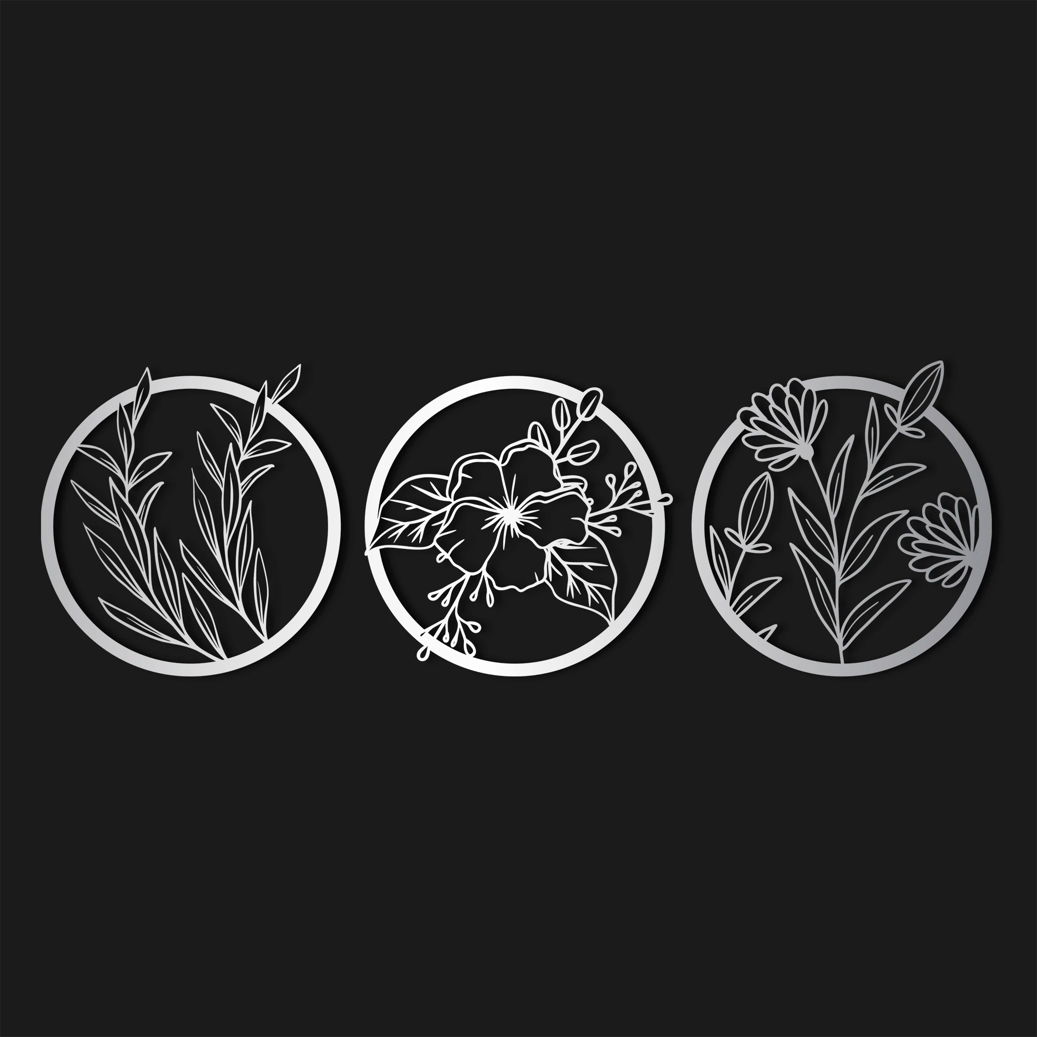 Delicate Botanical Circle Metal Wall Art Set 60 × 60 cm / Black