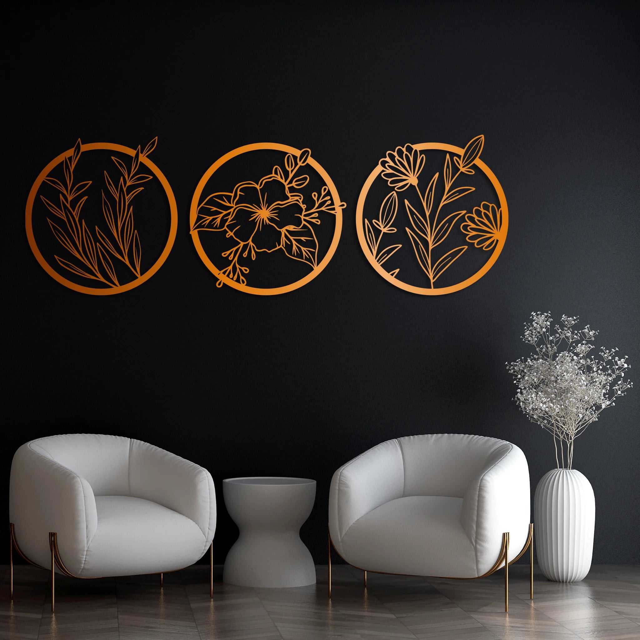 Delicate Botanical Circle Metal Wall Art Set 60 × 60 cm / Black