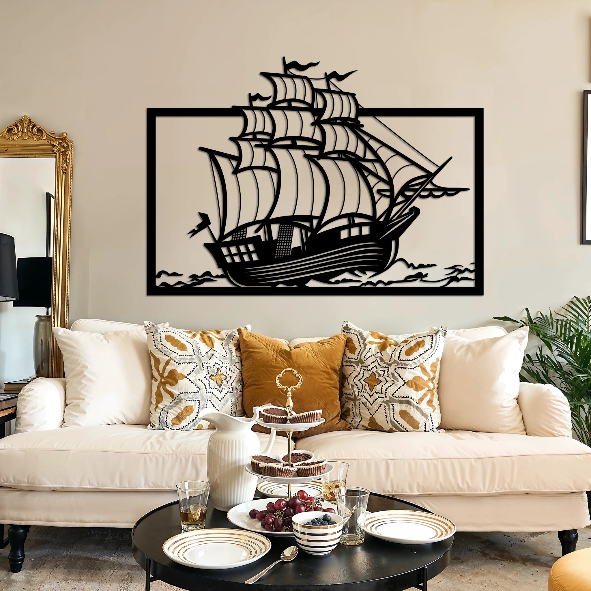Nautical Sailing Ship Metal Wall Art 82 × 58 cm / Black