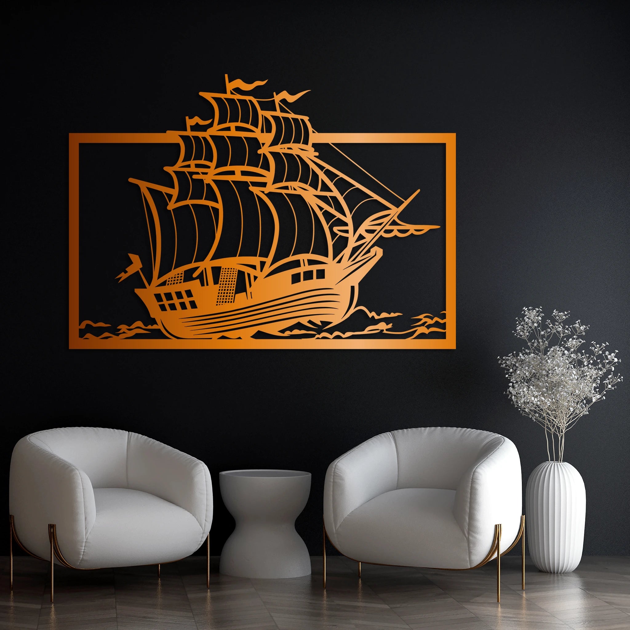 Nautical Sailing Ship Metal Wall Art 82 × 58 cm / Black
