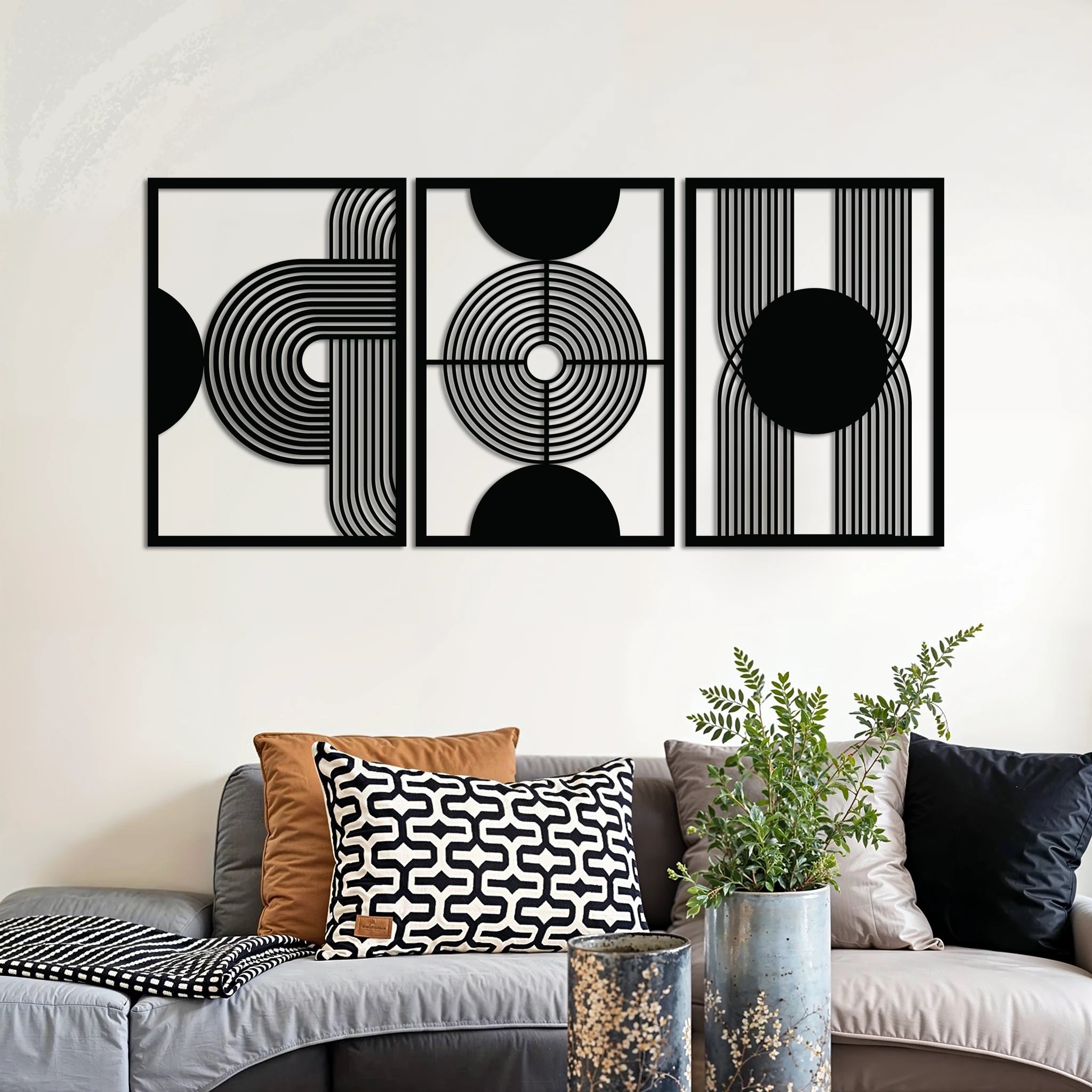Minimalist Geometric Metal Wall Art Set 49 × 69 cm / Black