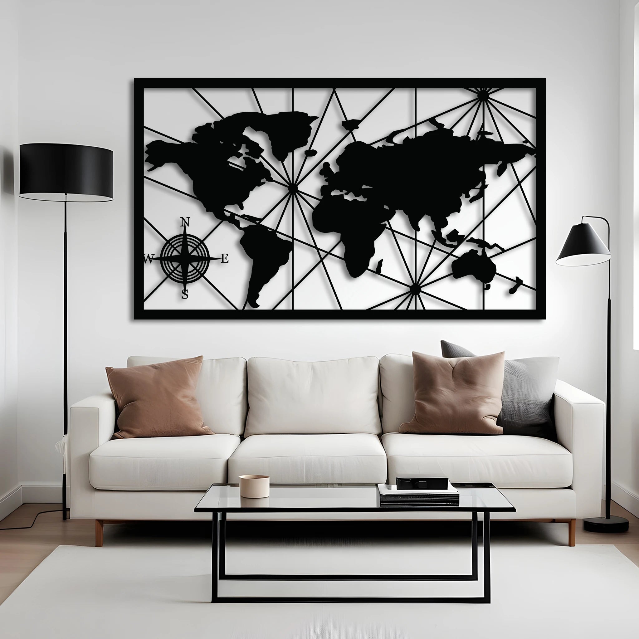 Geometric World Map Metal Wall Art 75 × 44 cm / Black