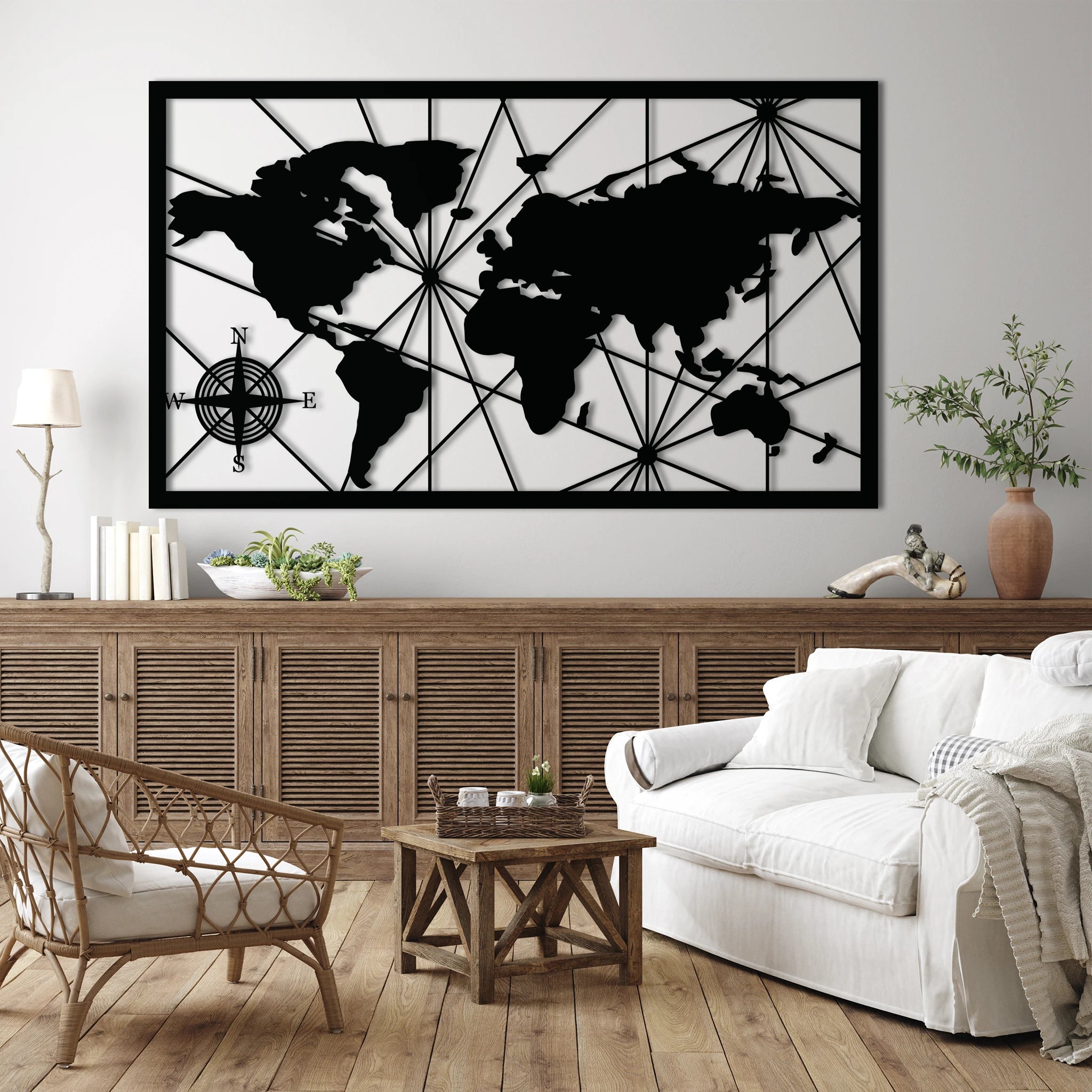 Geometric World Map Metal Wall Art 75 × 44 cm / Black