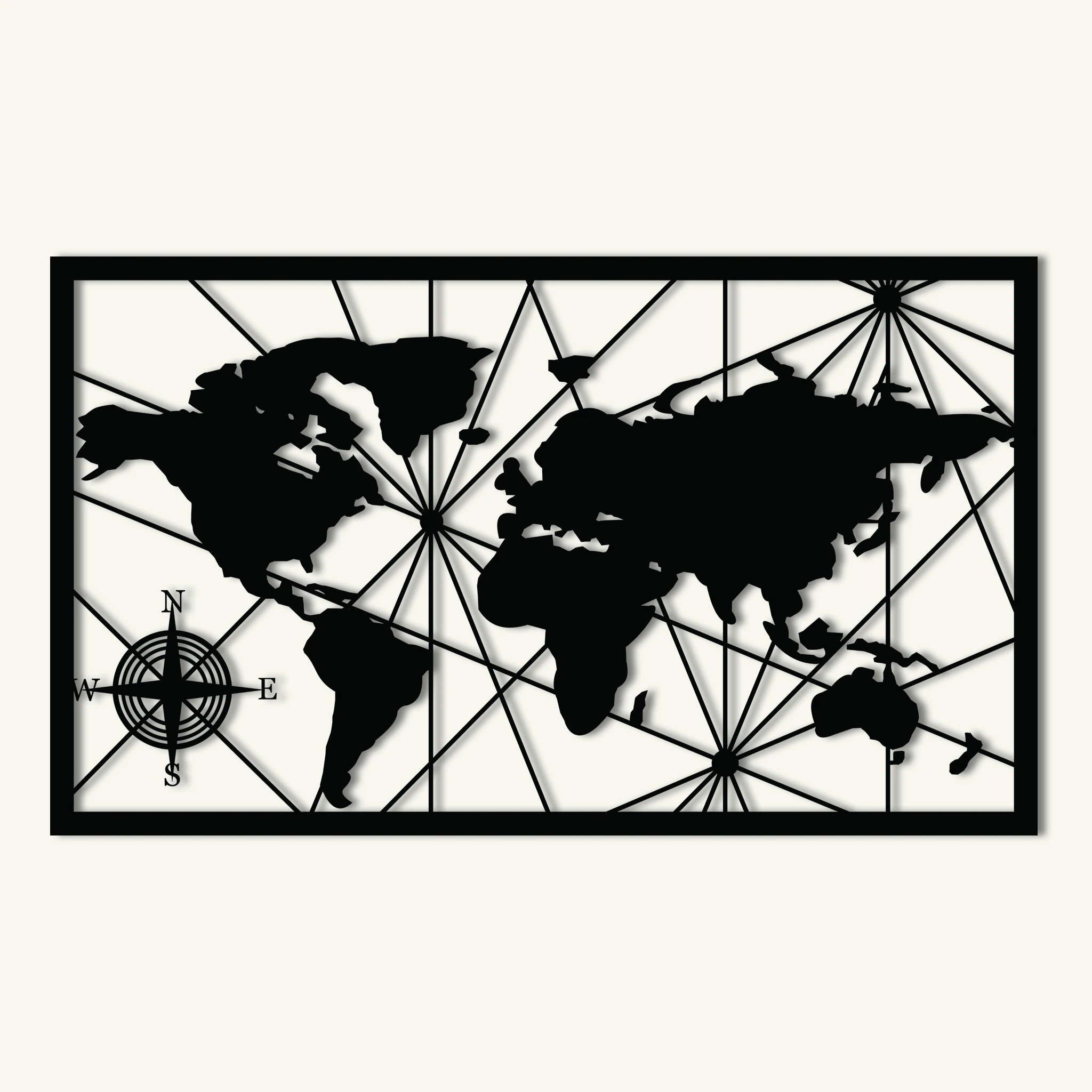 Geometric World Map Metal Wall Art 75 × 44 cm / Black