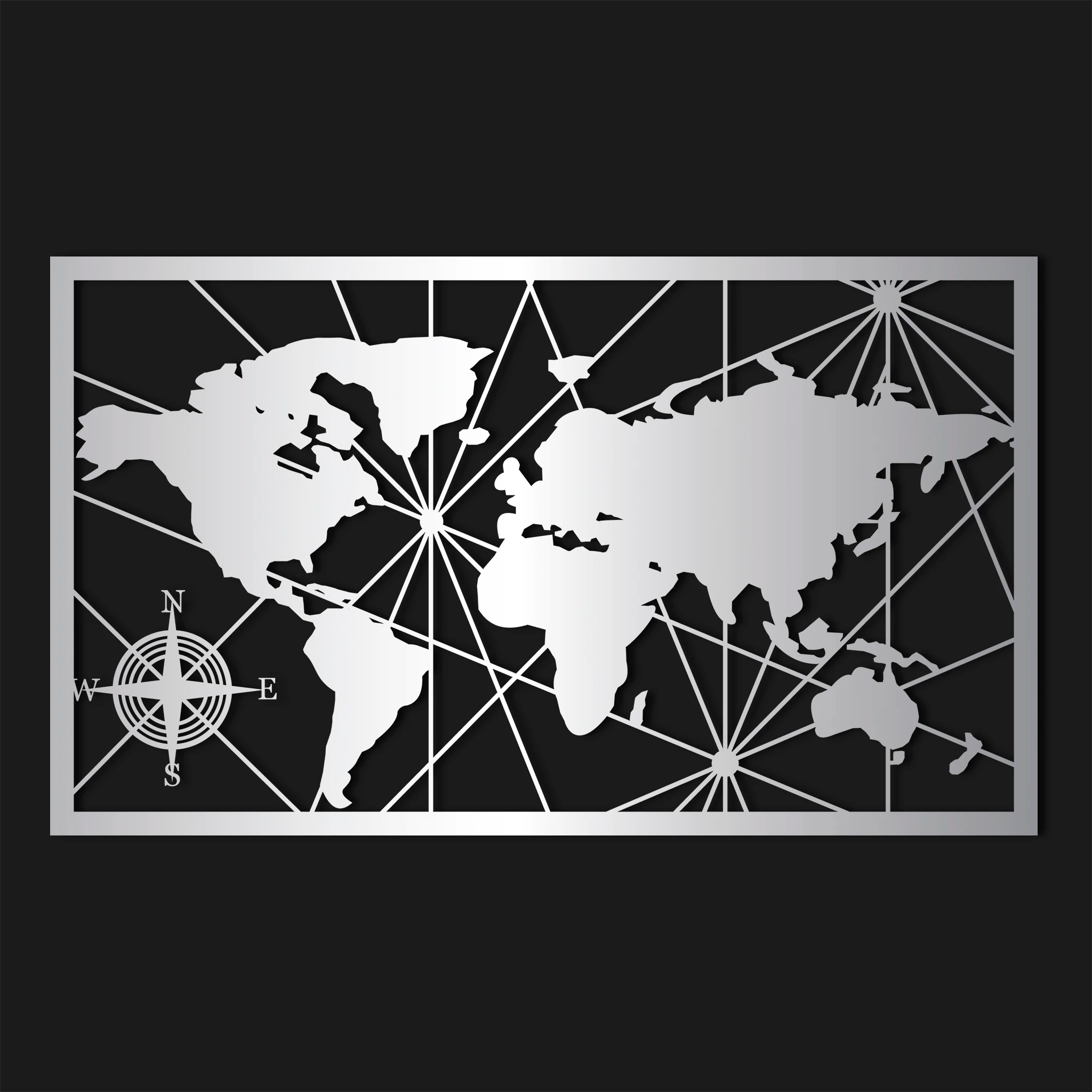 Geometric World Map Metal Wall Art 75 × 44 cm / Black