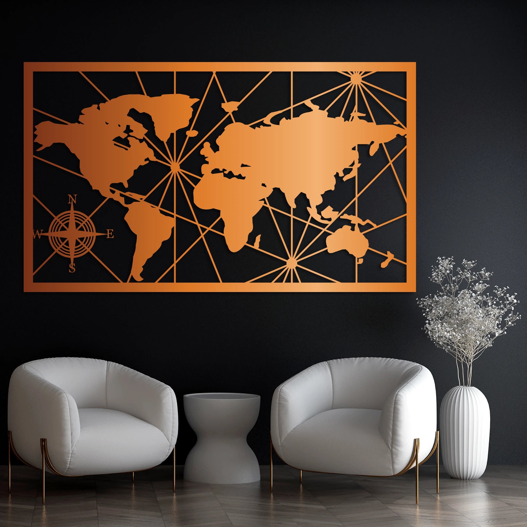 Geometric World Map Metal Wall Art 75 × 44 cm / Black