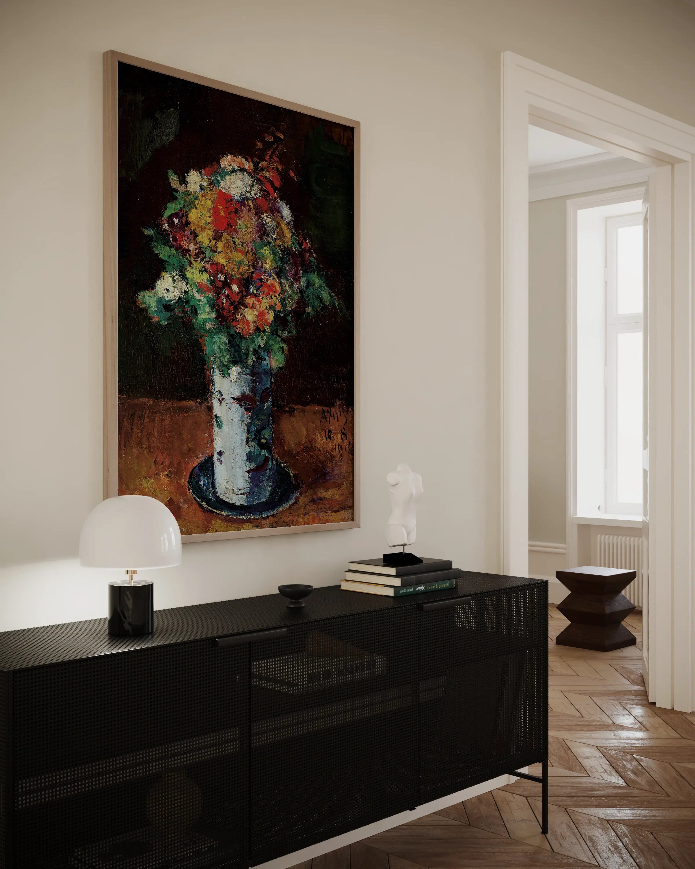 Blumenstrauß In Walzenkrug Auf Teller by Anton Faistauer