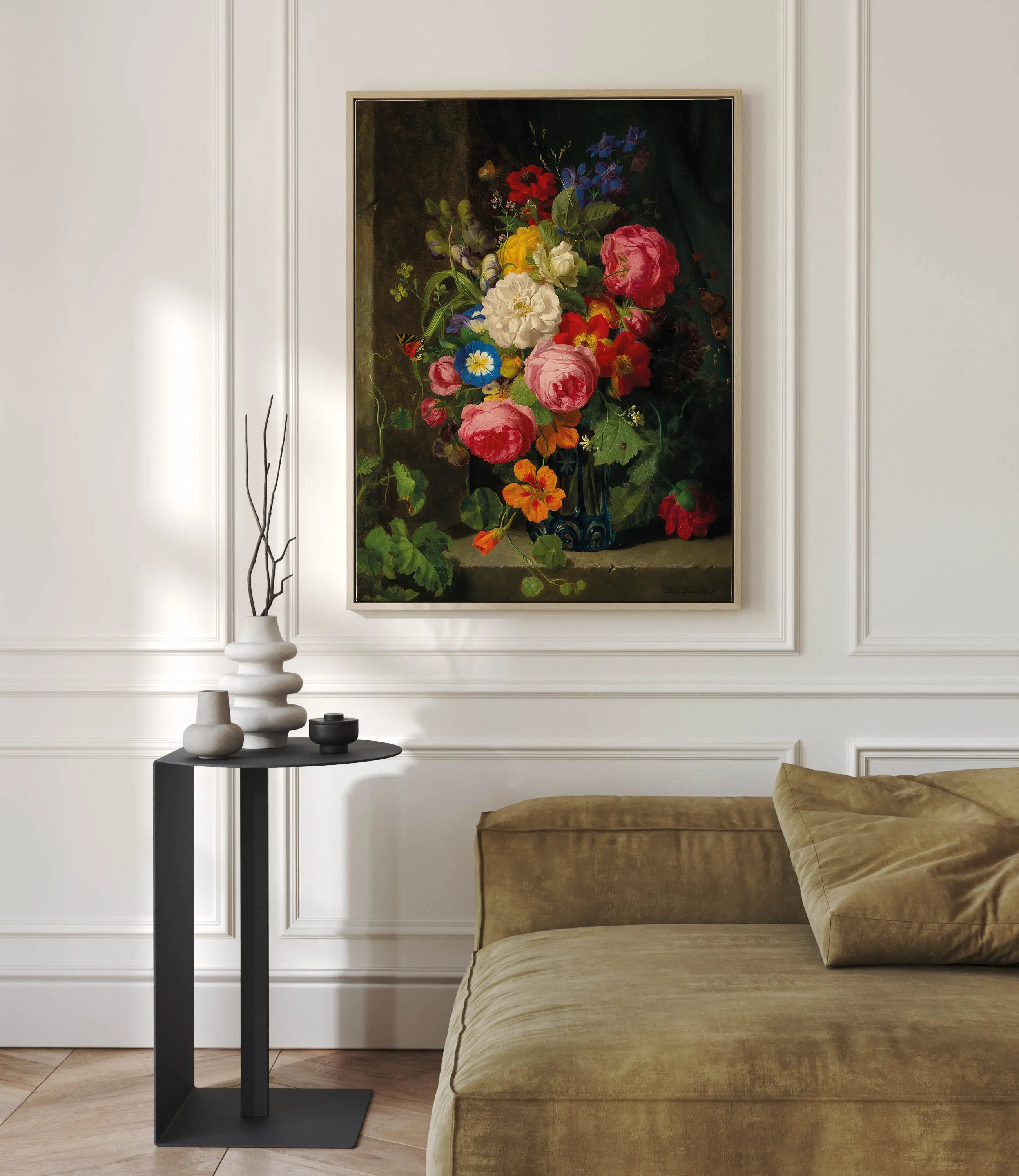A Large Bouquet of Flowers with Roses, Nasturtium and Butterflies by Josef Lauer