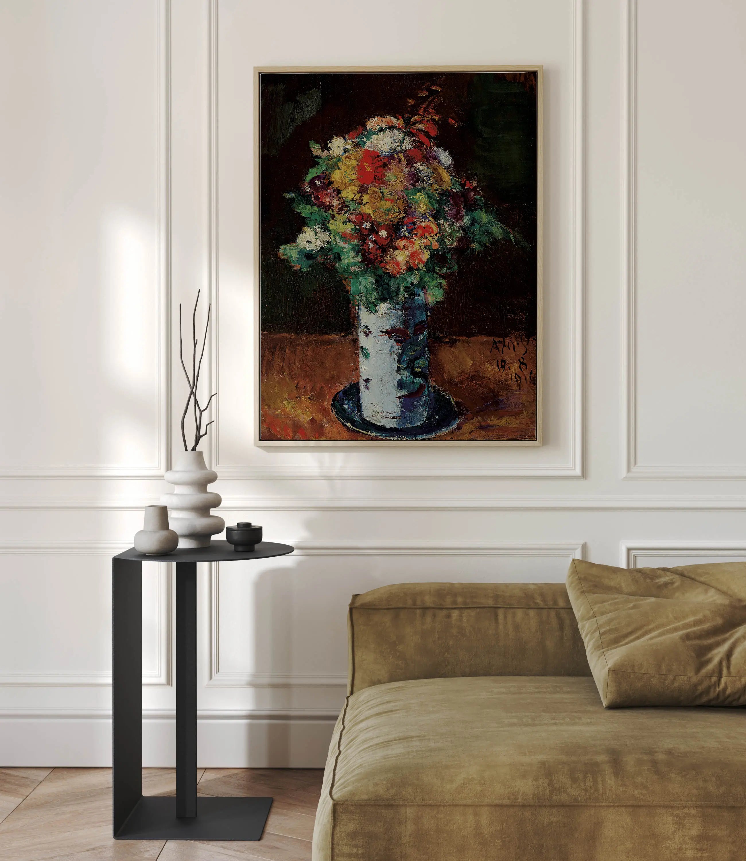 Blumenstrauß In Walzenkrug Auf Teller by Anton Faistauer