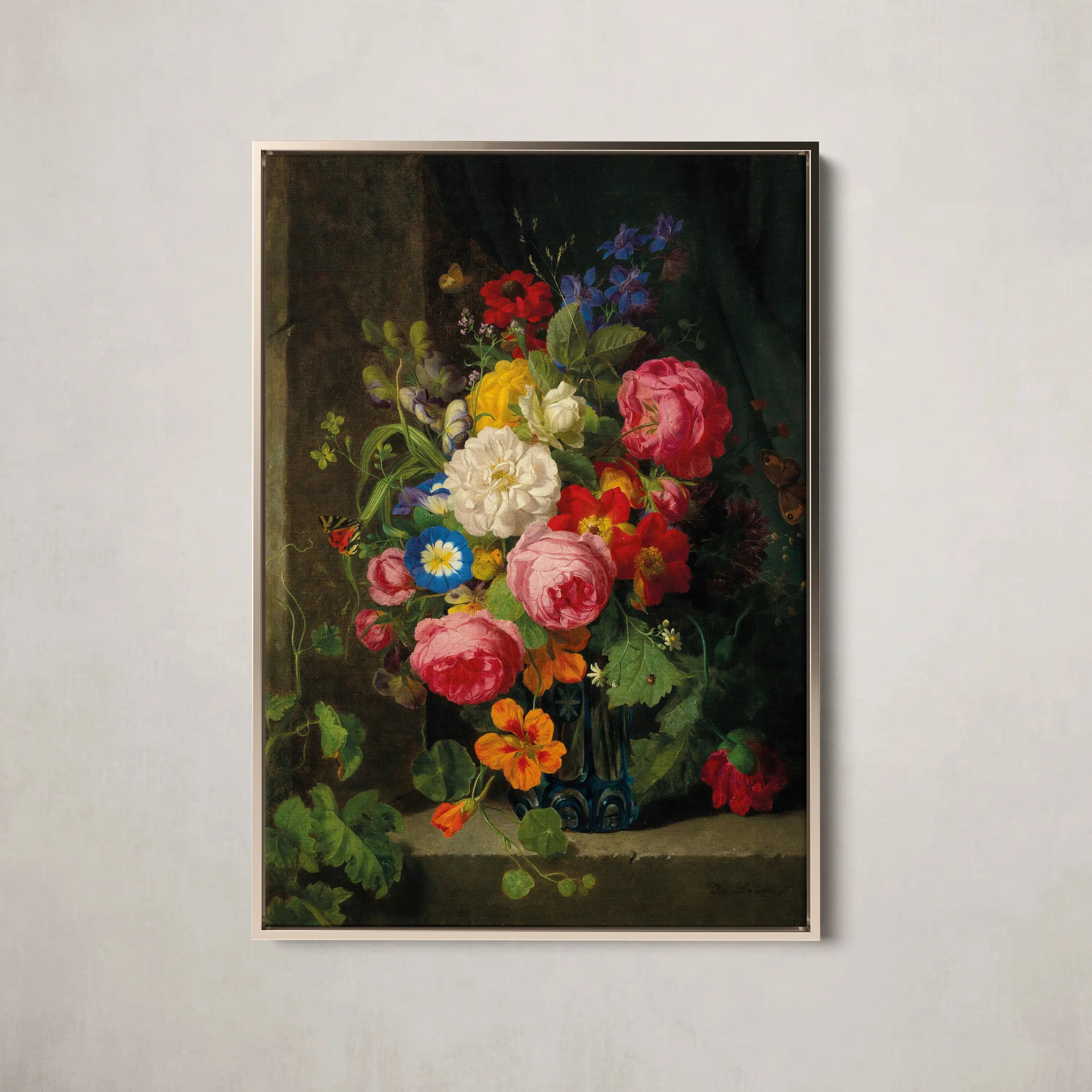 A Large Bouquet of Flowers with Roses, Nasturtium and Butterflies by Josef Lauer