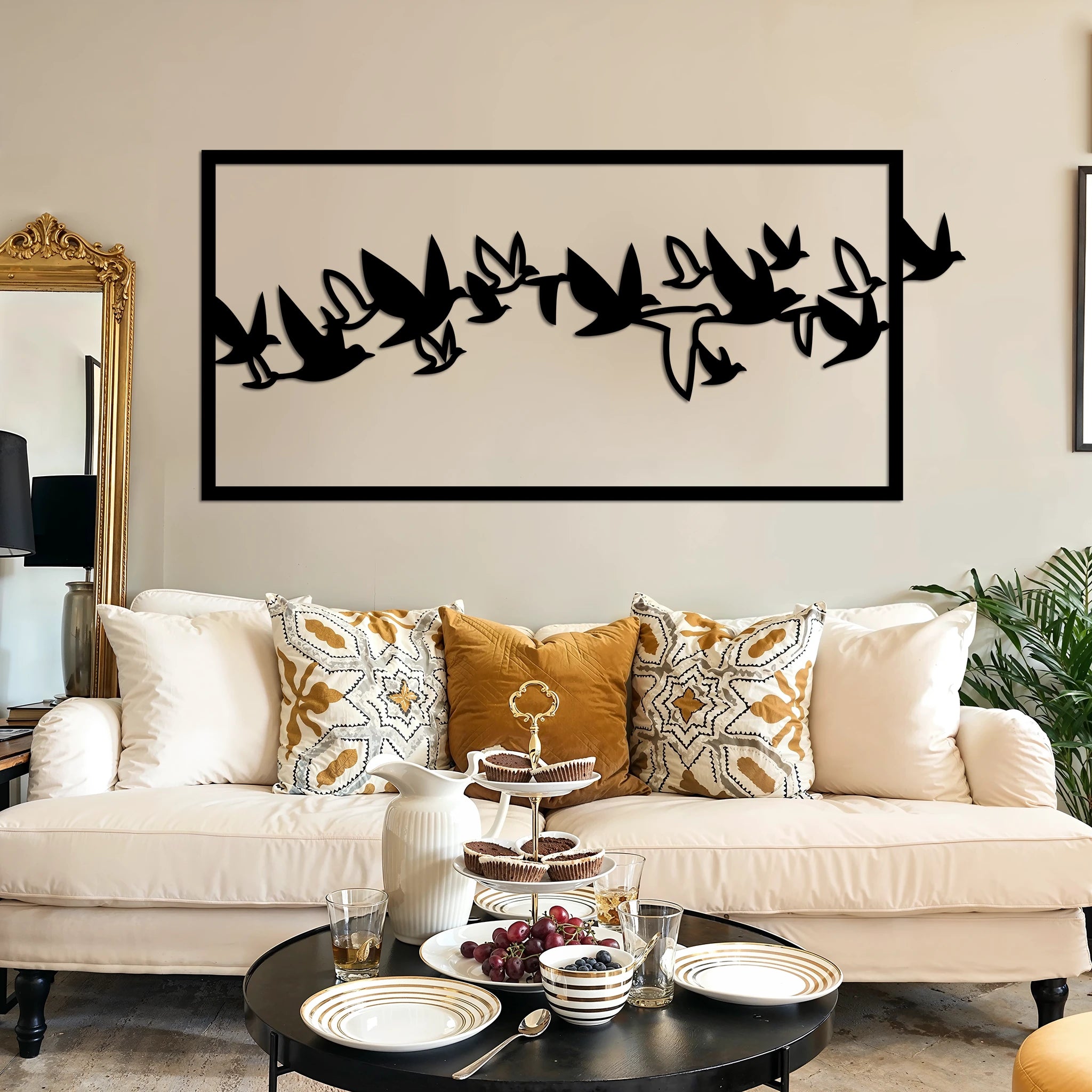 Sleek Flying Birds Metal Wall Art 72 × 33 cm / Black