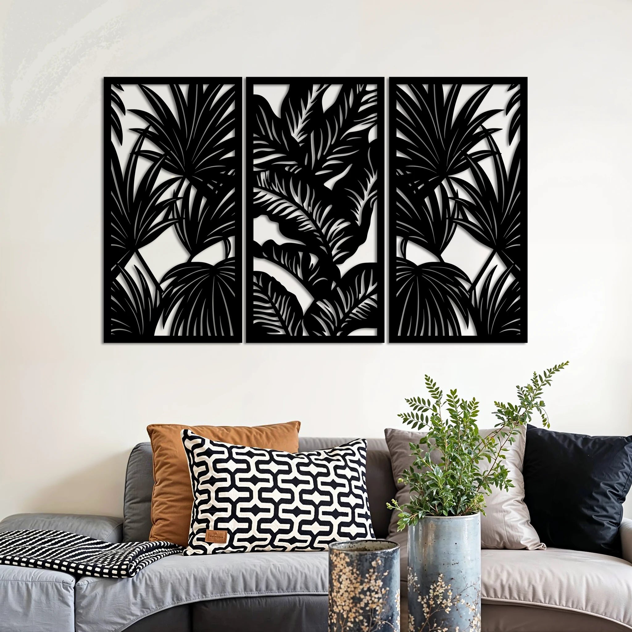 Modern Tropical Leaves Metal Wall Art Set 39 × 75 cm / Black