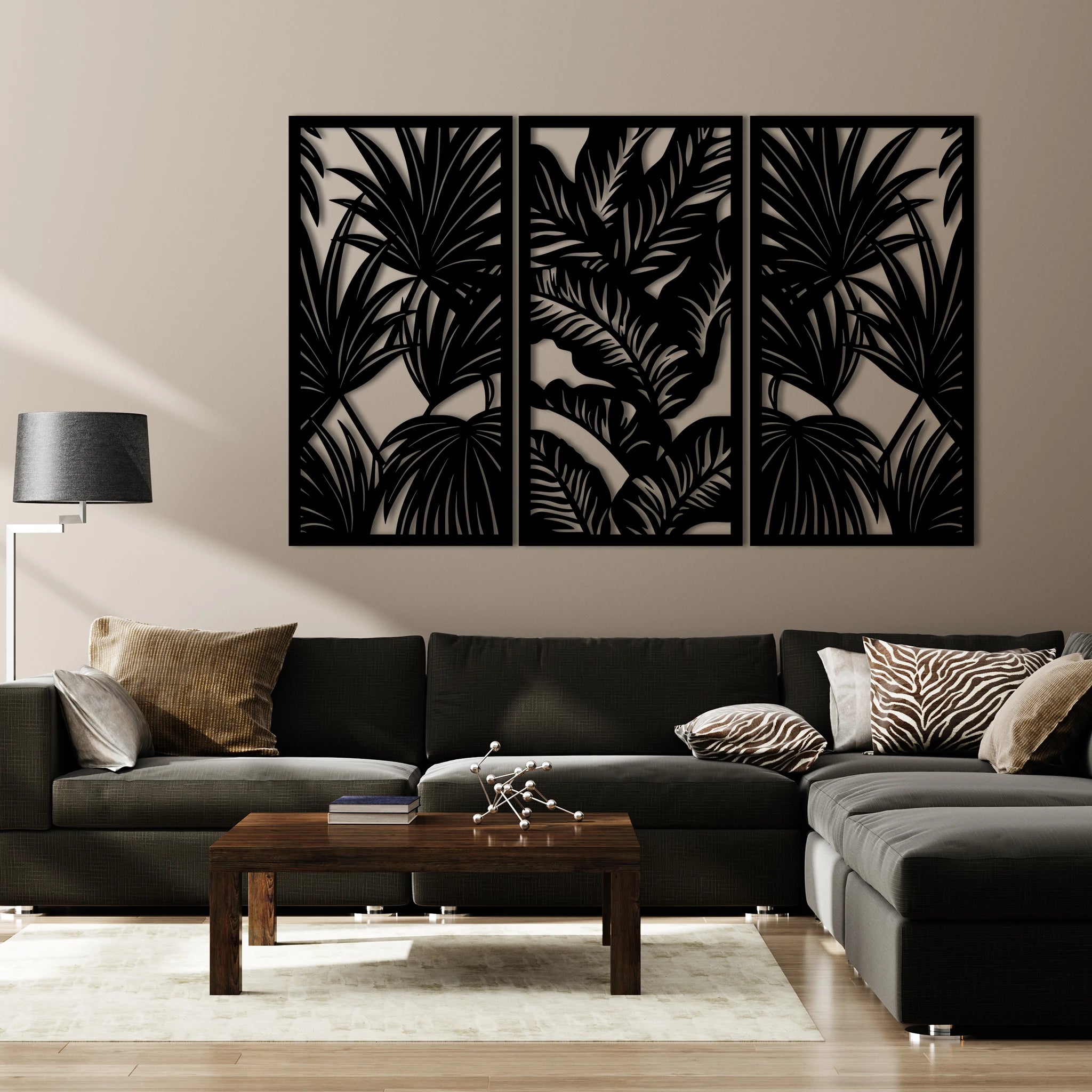 Modern Tropical Leaves Metal Wall Art Set 39 × 75 cm / Black