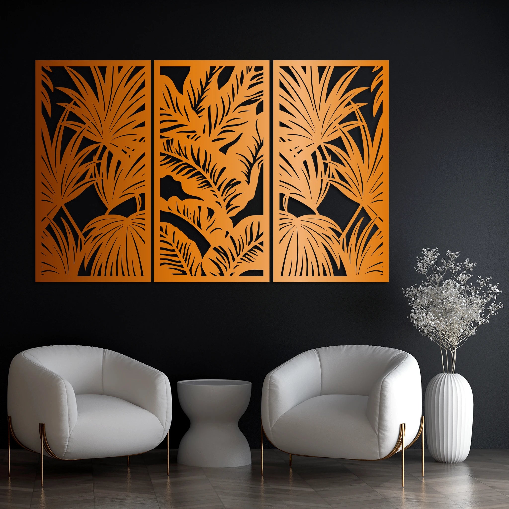 Modern Tropical Leaves Metal Wall Art Set 39 × 75 cm / Black