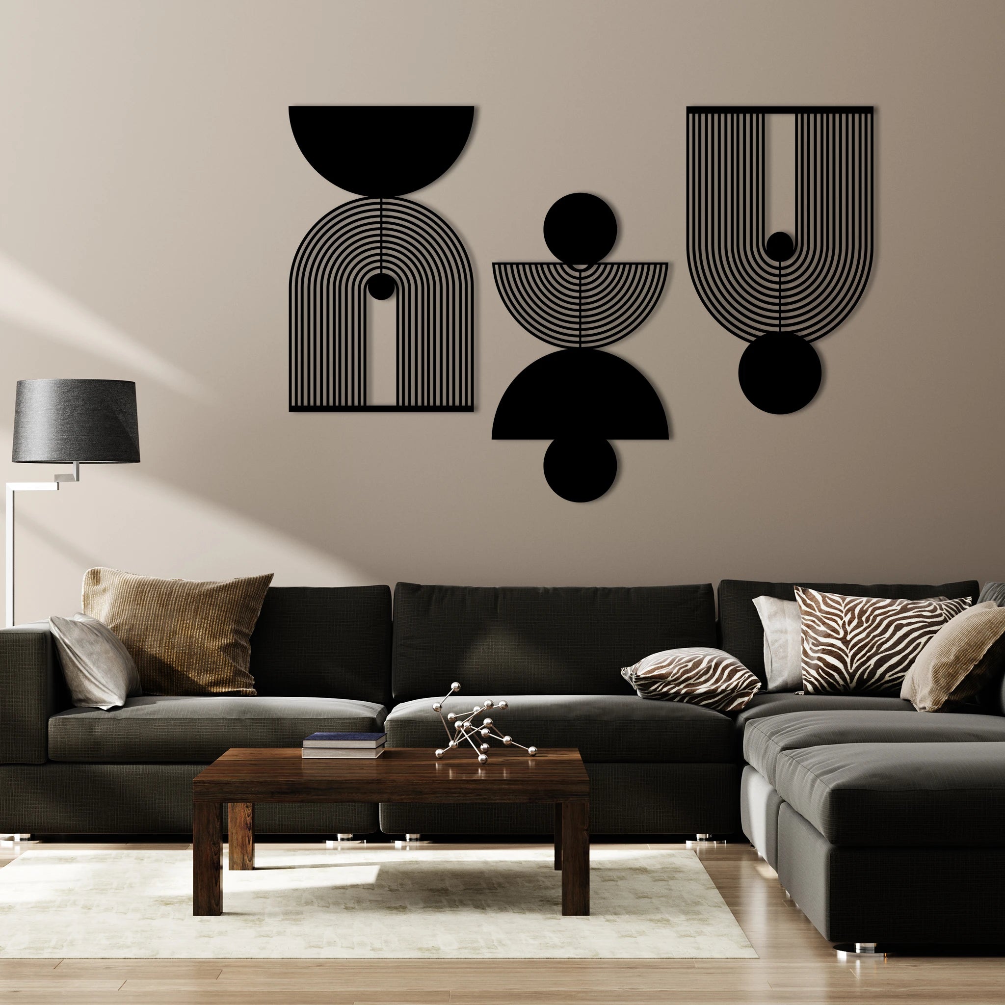 Geometric Modern Art Metal Wall Art Set 39 × 65 cm / Black