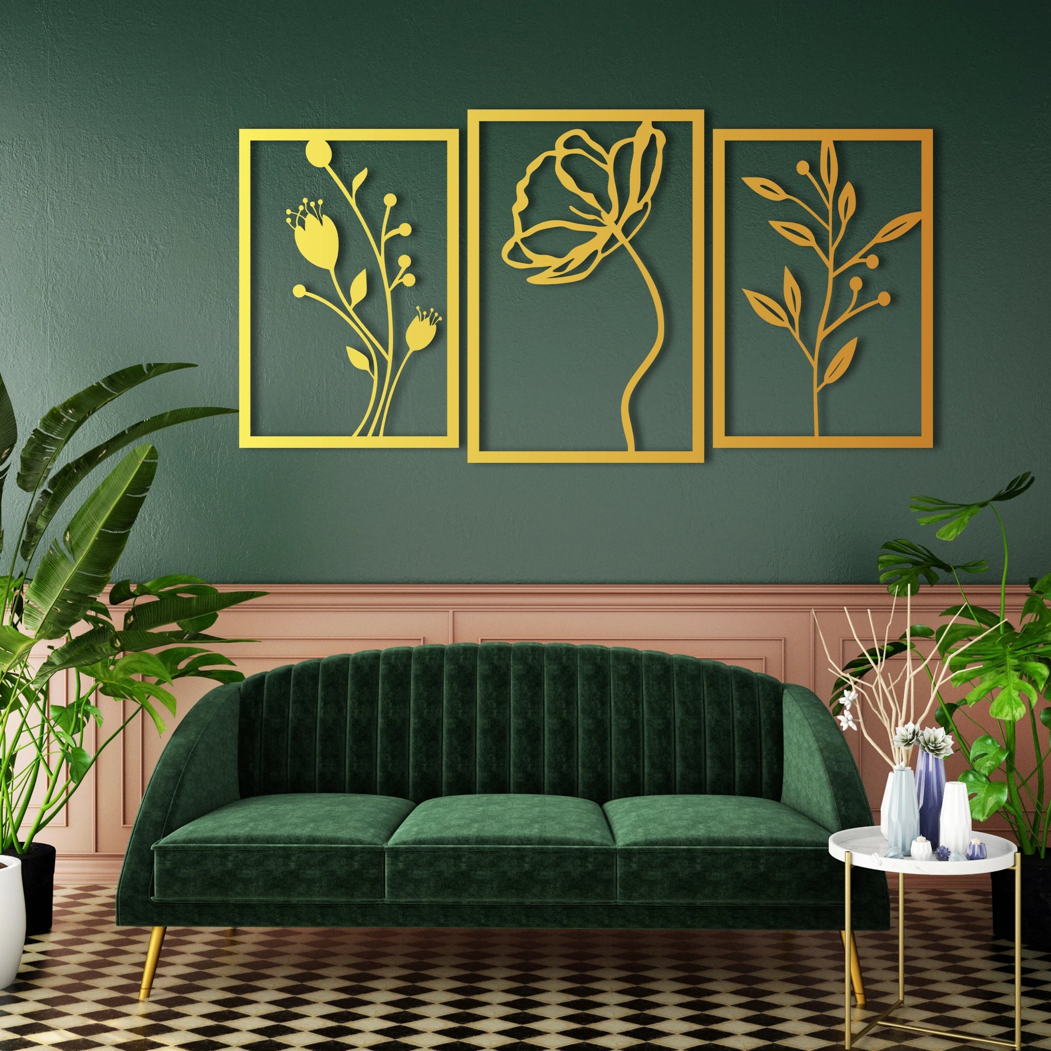 Graceful Floral Metal Wall Art Set 42 × 62 cm , 39 × 56 cm , 39 × 56 cm / Black