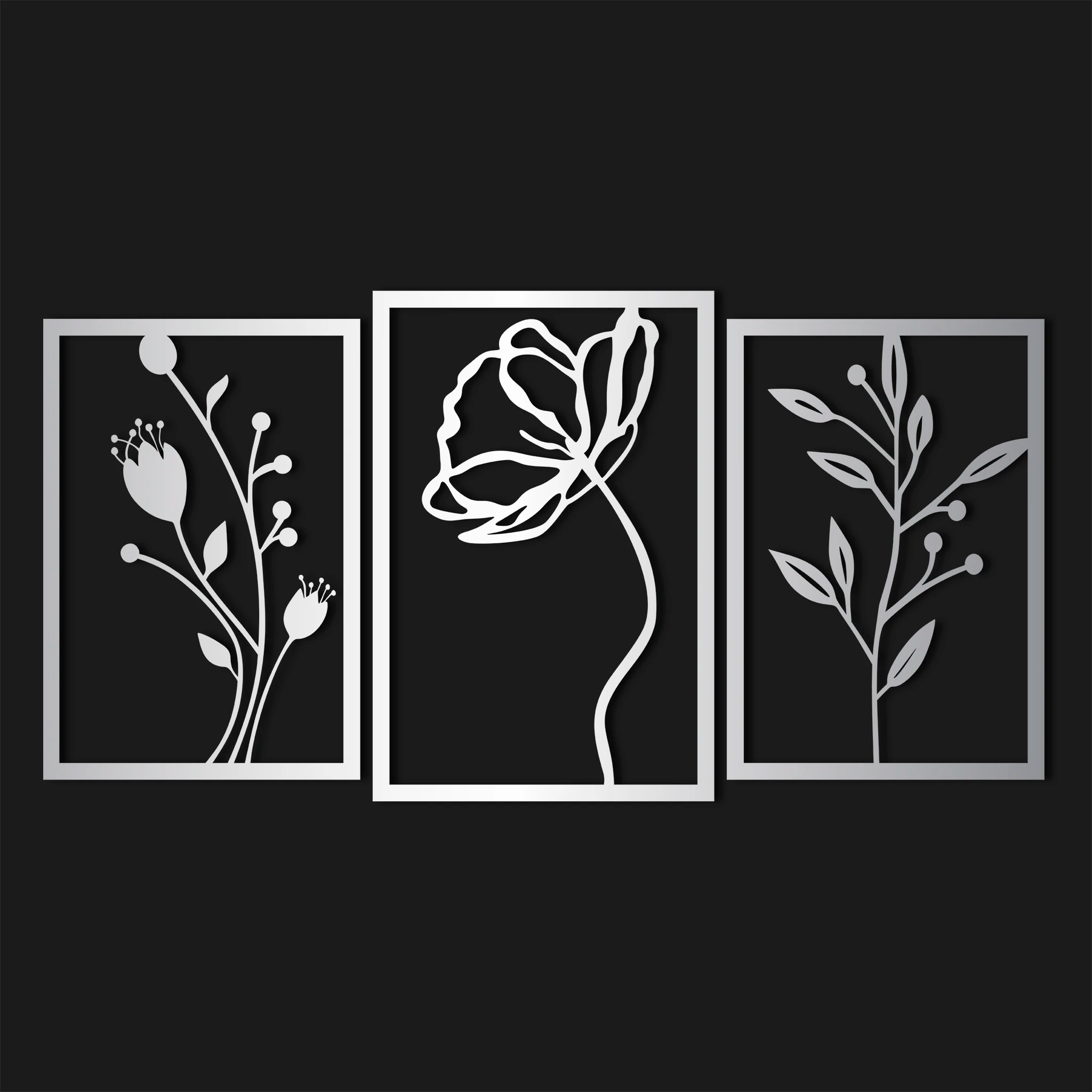 Graceful Floral Metal Wall Art Set 42 × 62 cm , 39 × 56 cm , 39 × 56 cm / Black