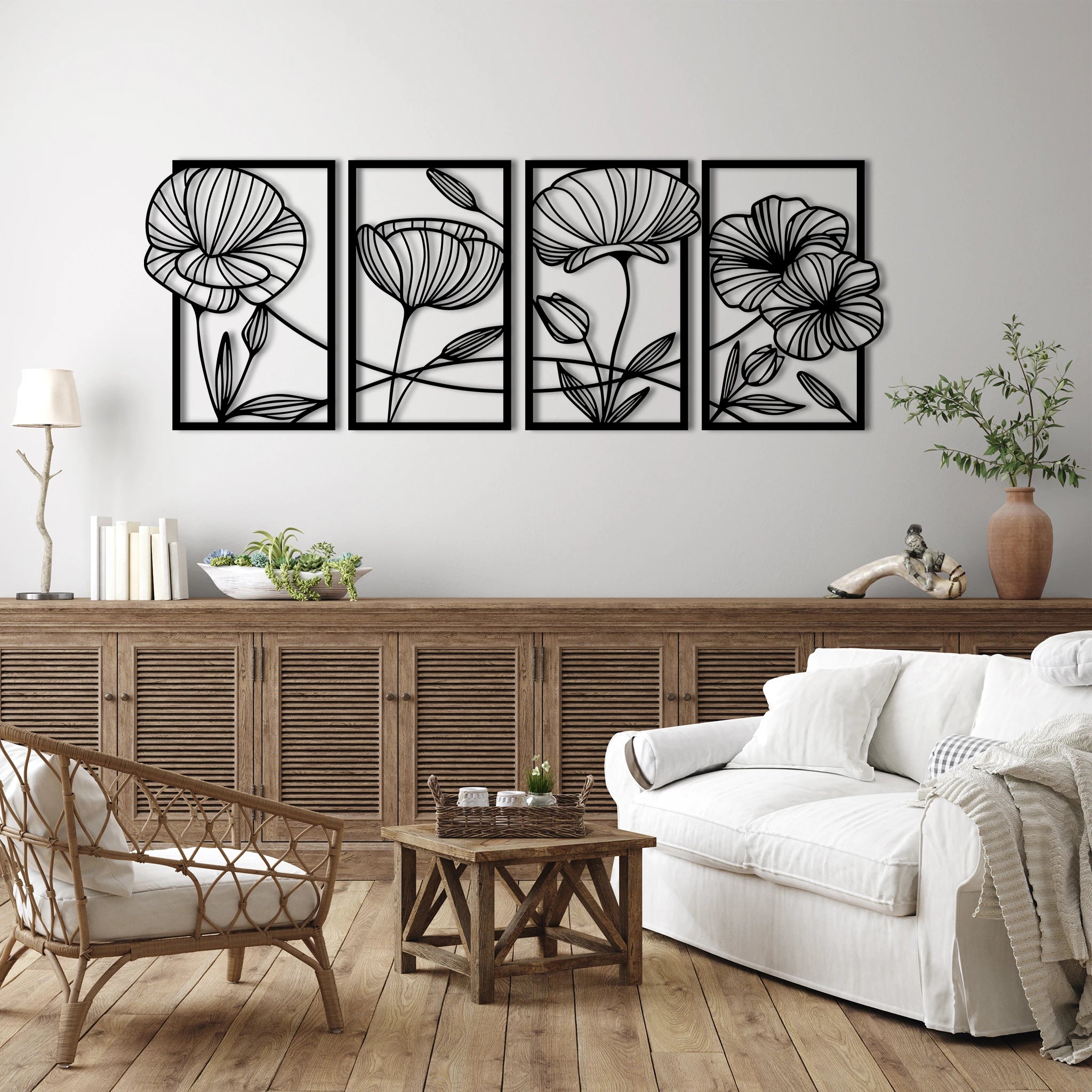 Artistic Poppy Flowers Metal Wall Art Set 31 × 47 cm / Black