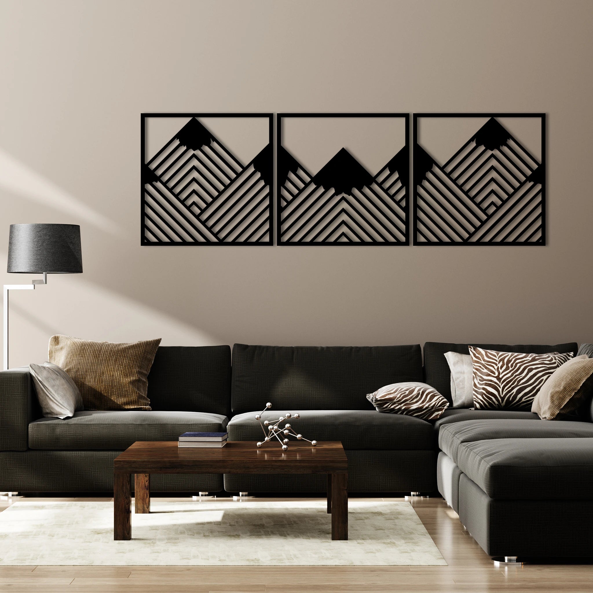 Bold Geometric Mountain Metal Wall Art Set 45 × 45 cm / Black