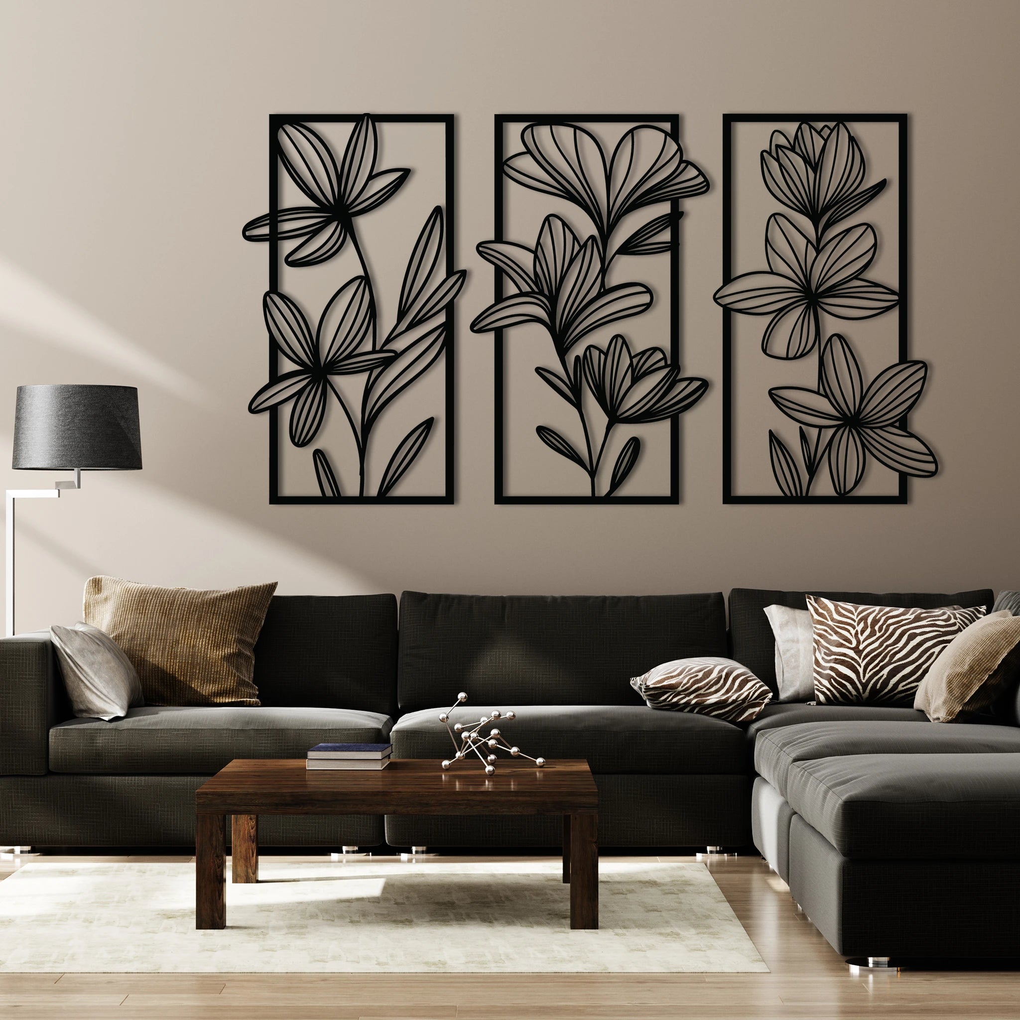 Stylish Floral Metal Wall Art Set 42 × 70 cm / Black