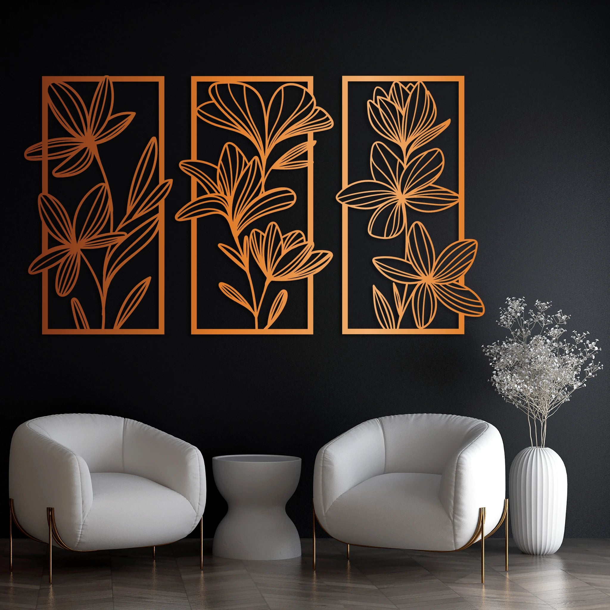 Stylish Floral Metal Wall Art Set 42 × 70 cm / Black