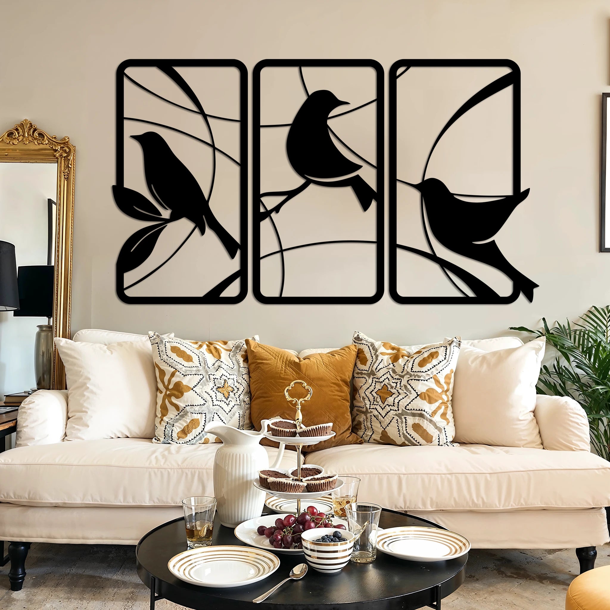 Artistic Bird Silhouette Metal Wall Art Set 40 × 72 cm / Black