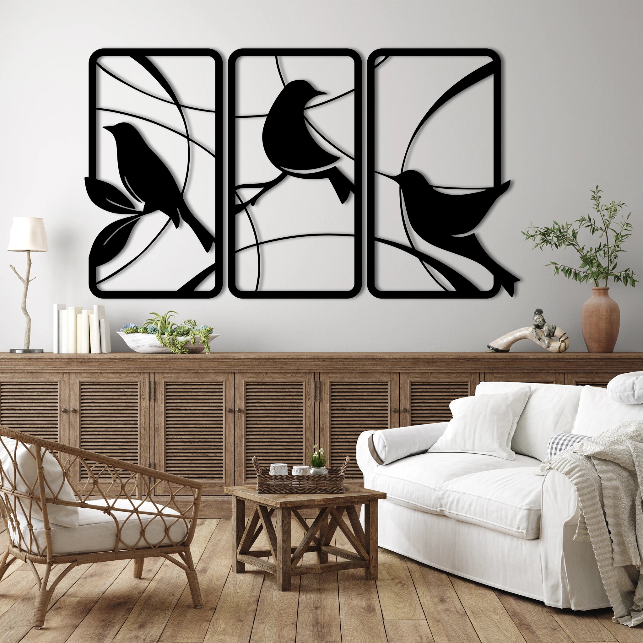 Artistic Bird Silhouette Metal Wall Art Set 40 × 72 cm / Black