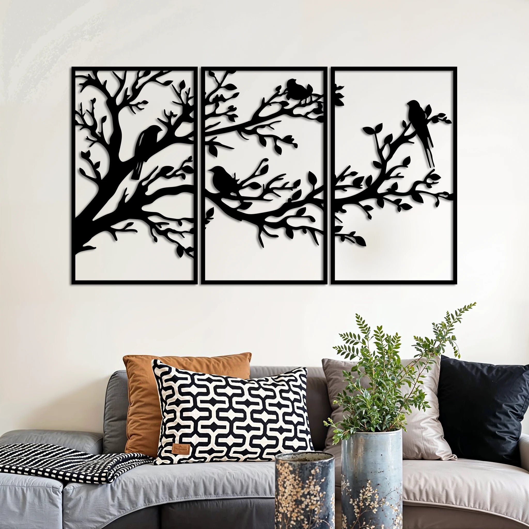 Refined Birds on Branch Metal Wall Art Set 41 × 70 cm / Black