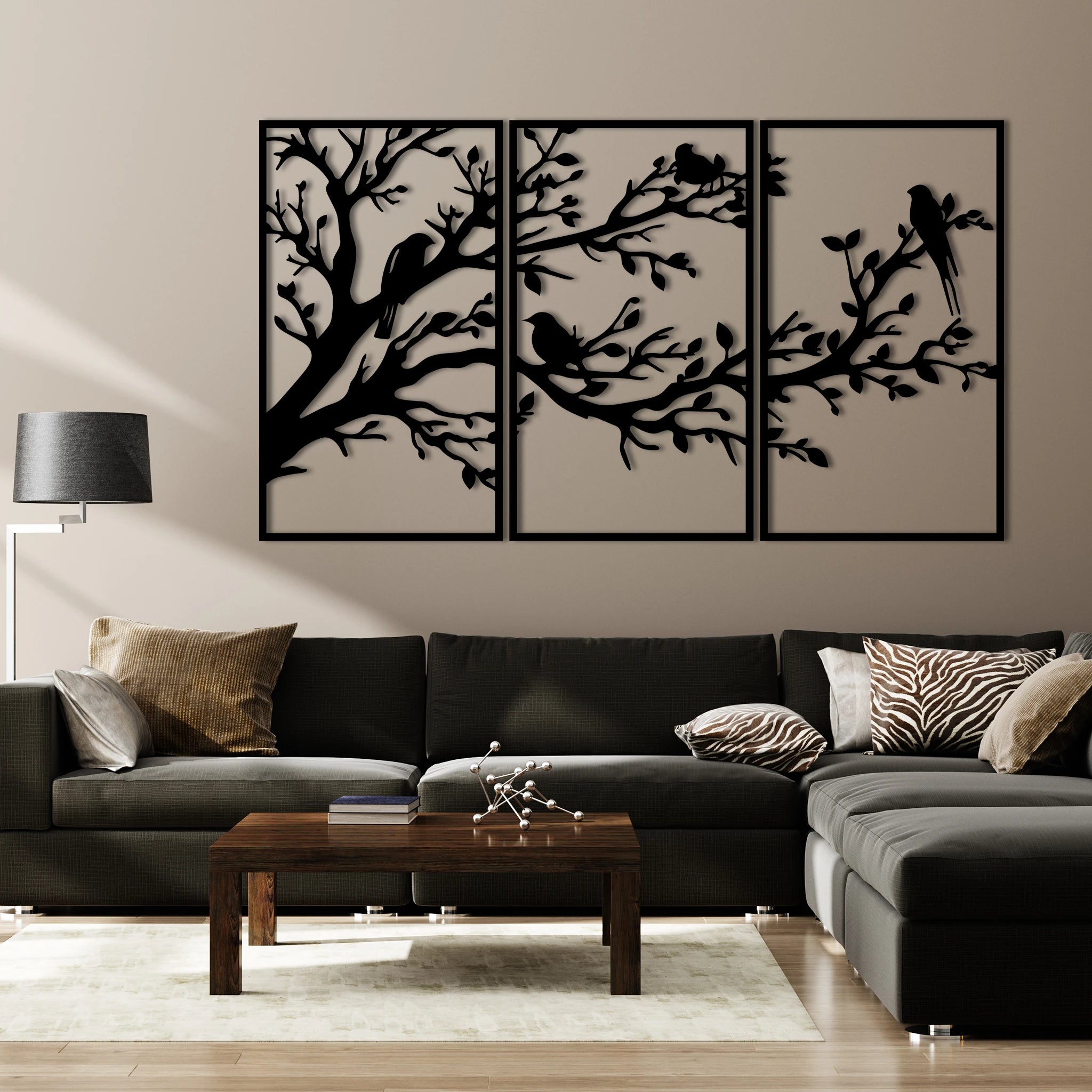 Refined Birds on Branch Metal Wall Art Set 41 × 70 cm / Black