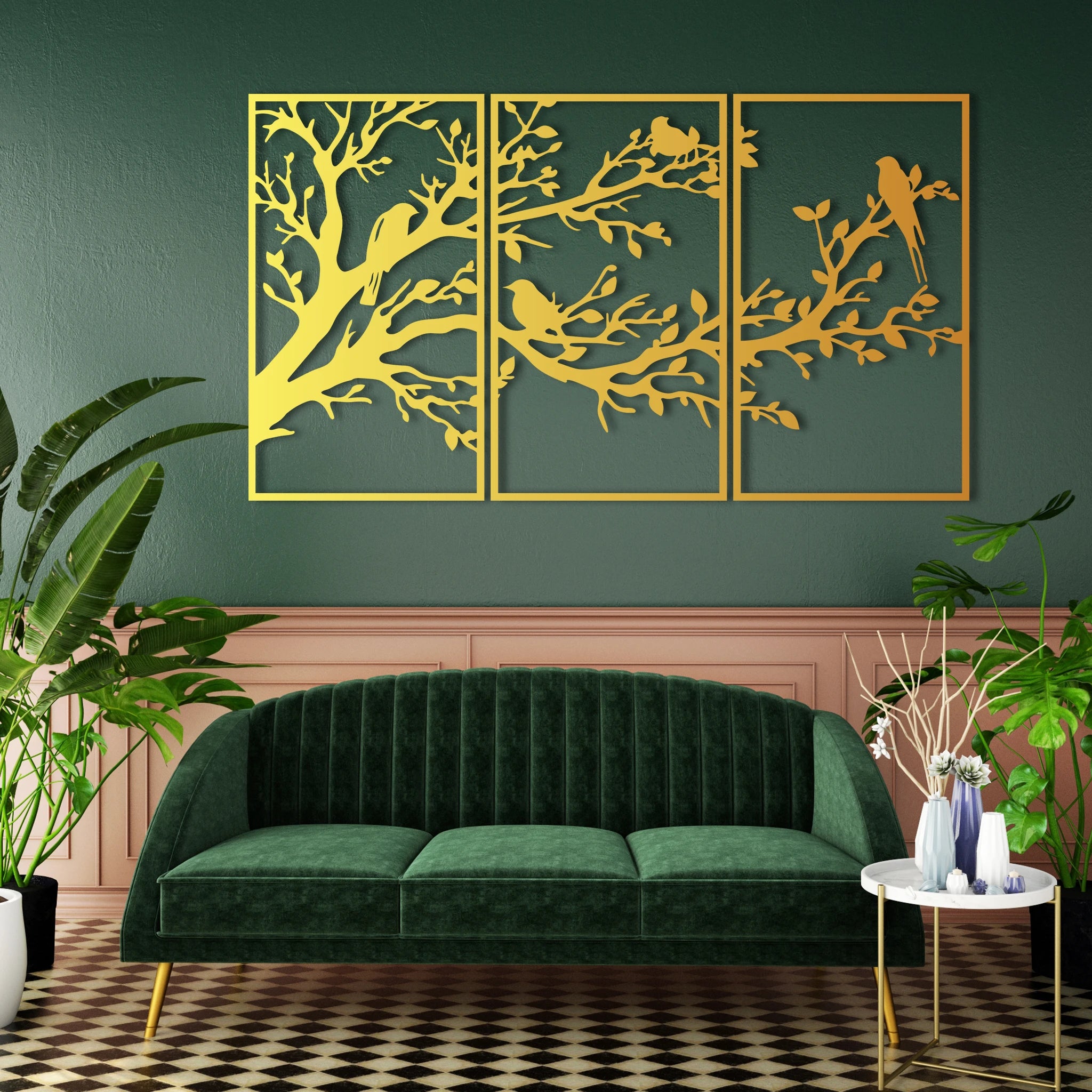 Refined Birds on Branch Metal Wall Art Set 41 × 70 cm / Black