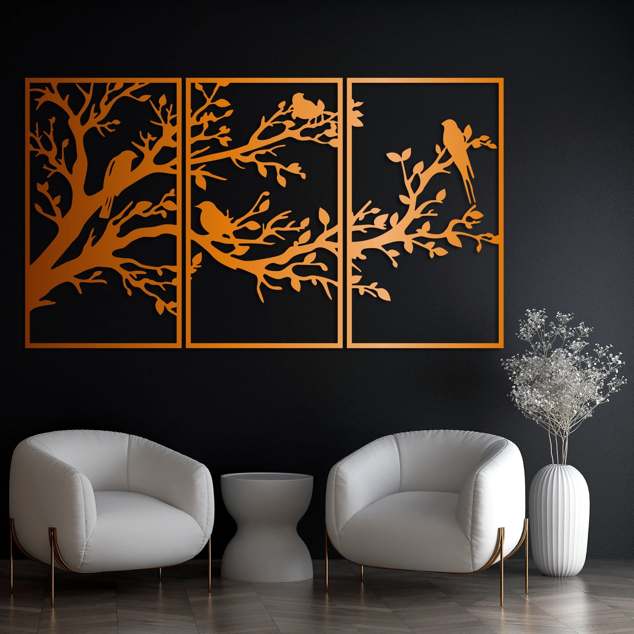 Refined Birds on Branch Metal Wall Art Set 41 × 70 cm / Black