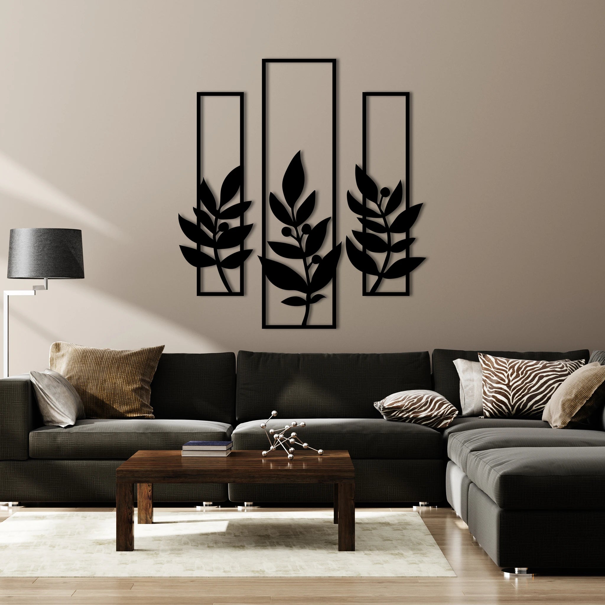 Contemporary Botanical Metal Wall Art Set 27 × 72 cm , 30 × 95 cm , 27 × 72 cm / Black