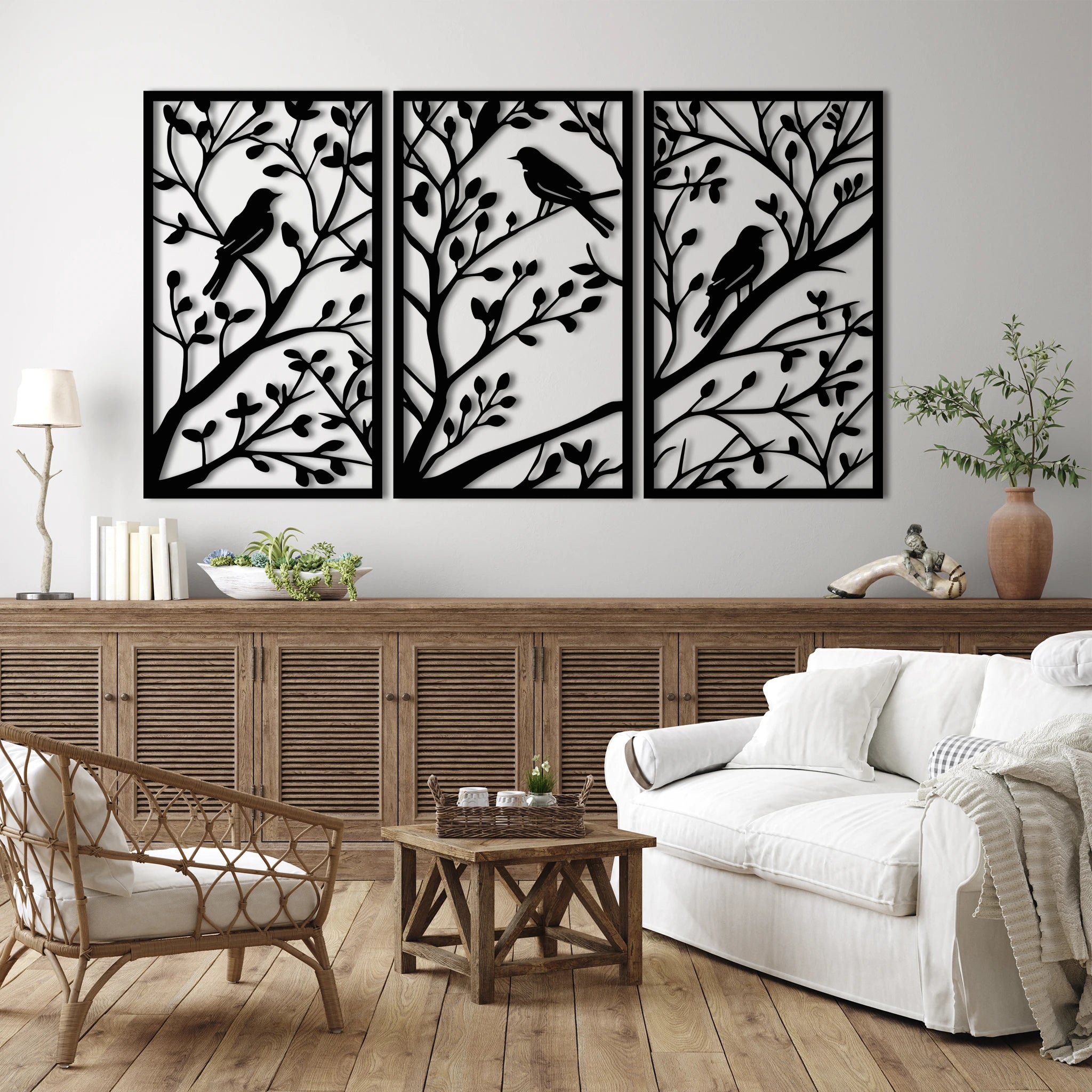 Classic Birds on Branch Metal Wall Art Set 41 × 70 cm / Black