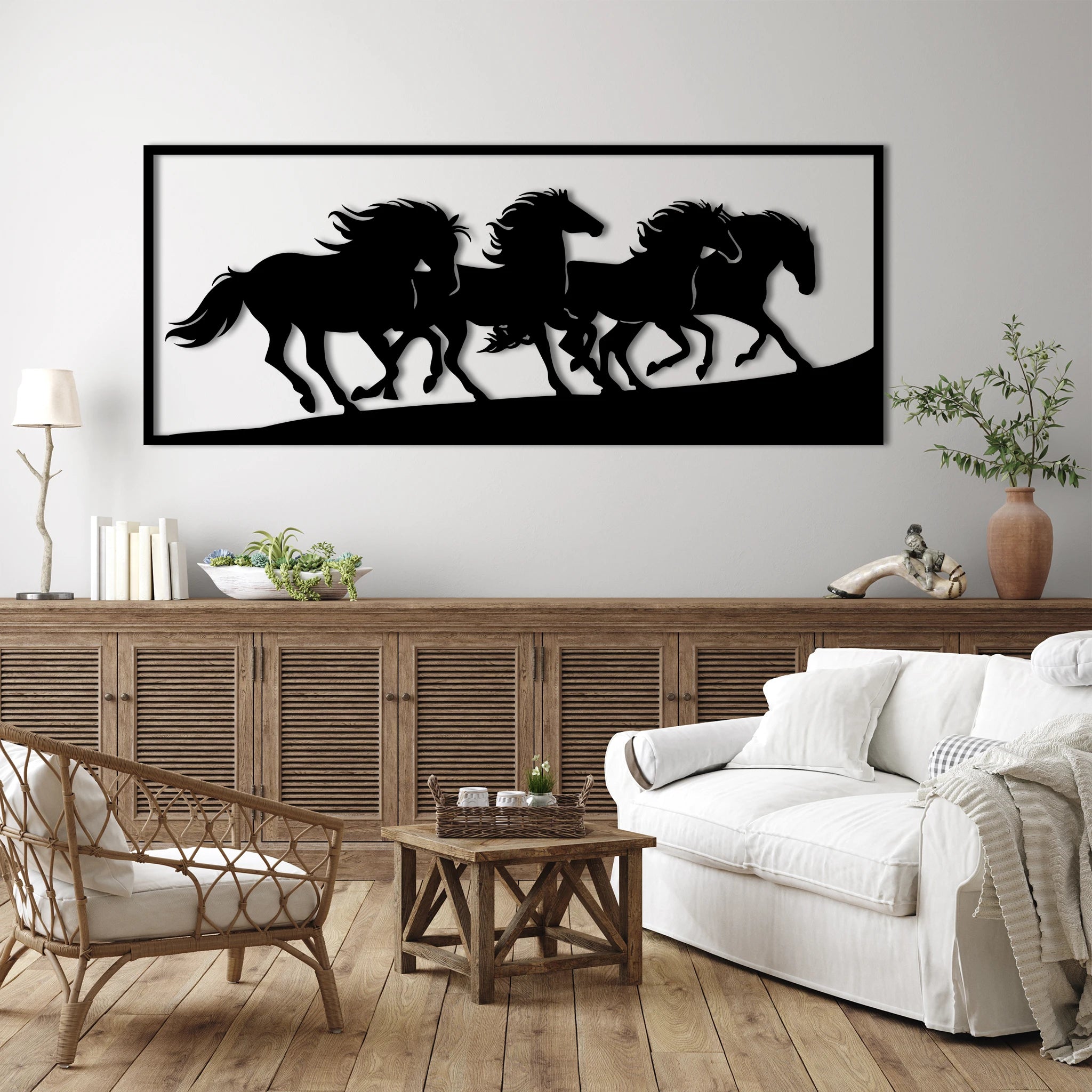 Dynamic Running Horses Metal Wall Art 90 × 37 cm / Black