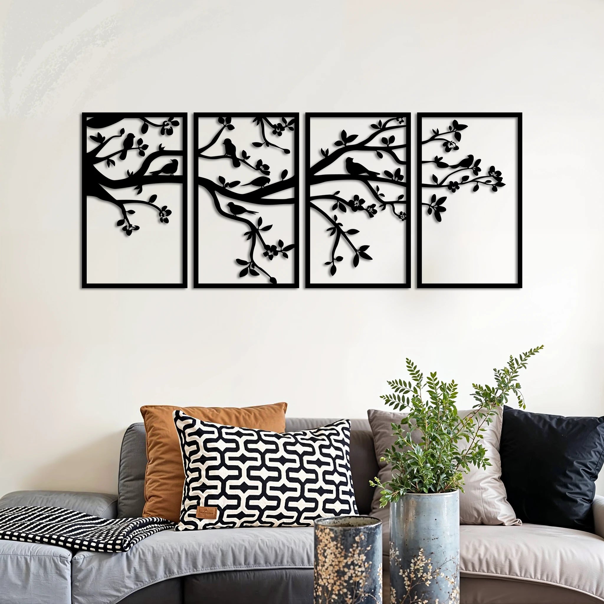 Elegant Birds on Branch Metal Wall Art Set 30 × 50 cm / Black