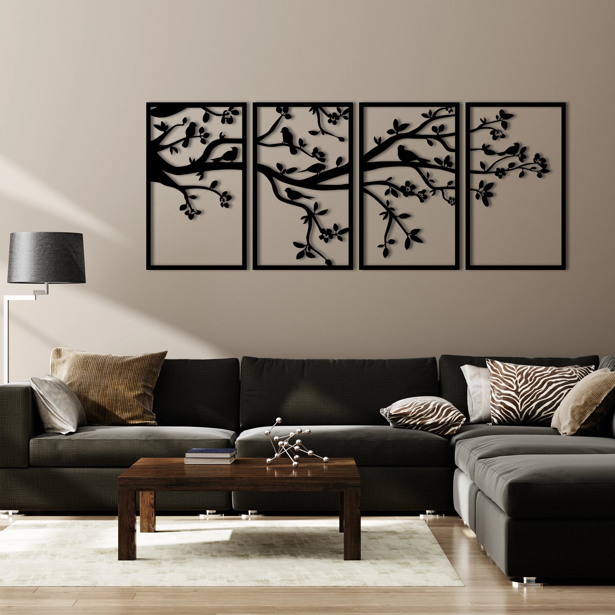 Elegant Birds on Branch Metal Wall Art Set 30 × 50 cm / Black
