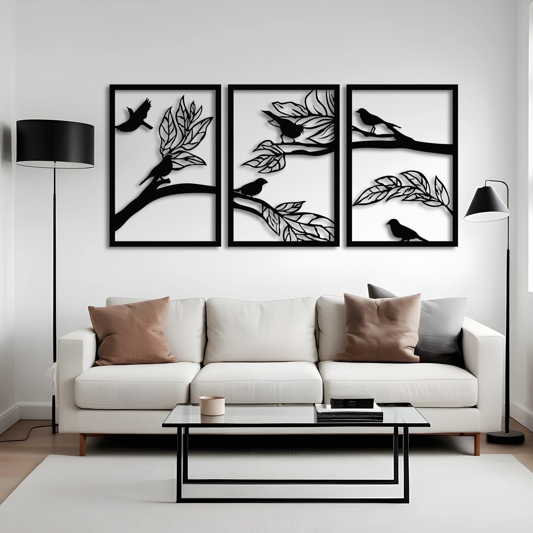Artistic Birds and Branches Metal Wall Art Set 41 × 60 cm / Black