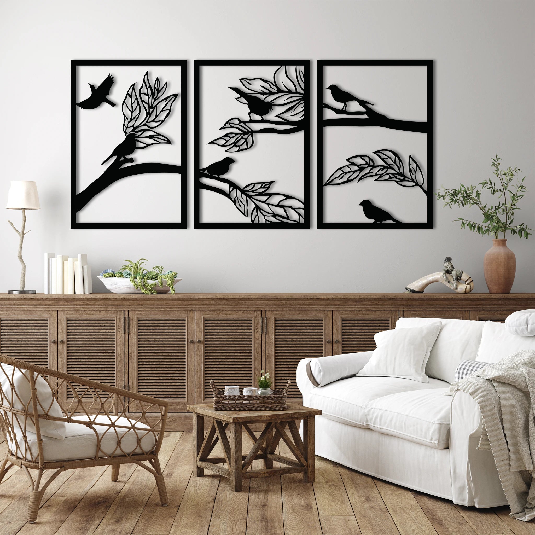 Artistic Birds and Branches Metal Wall Art Set 41 × 60 cm / Black