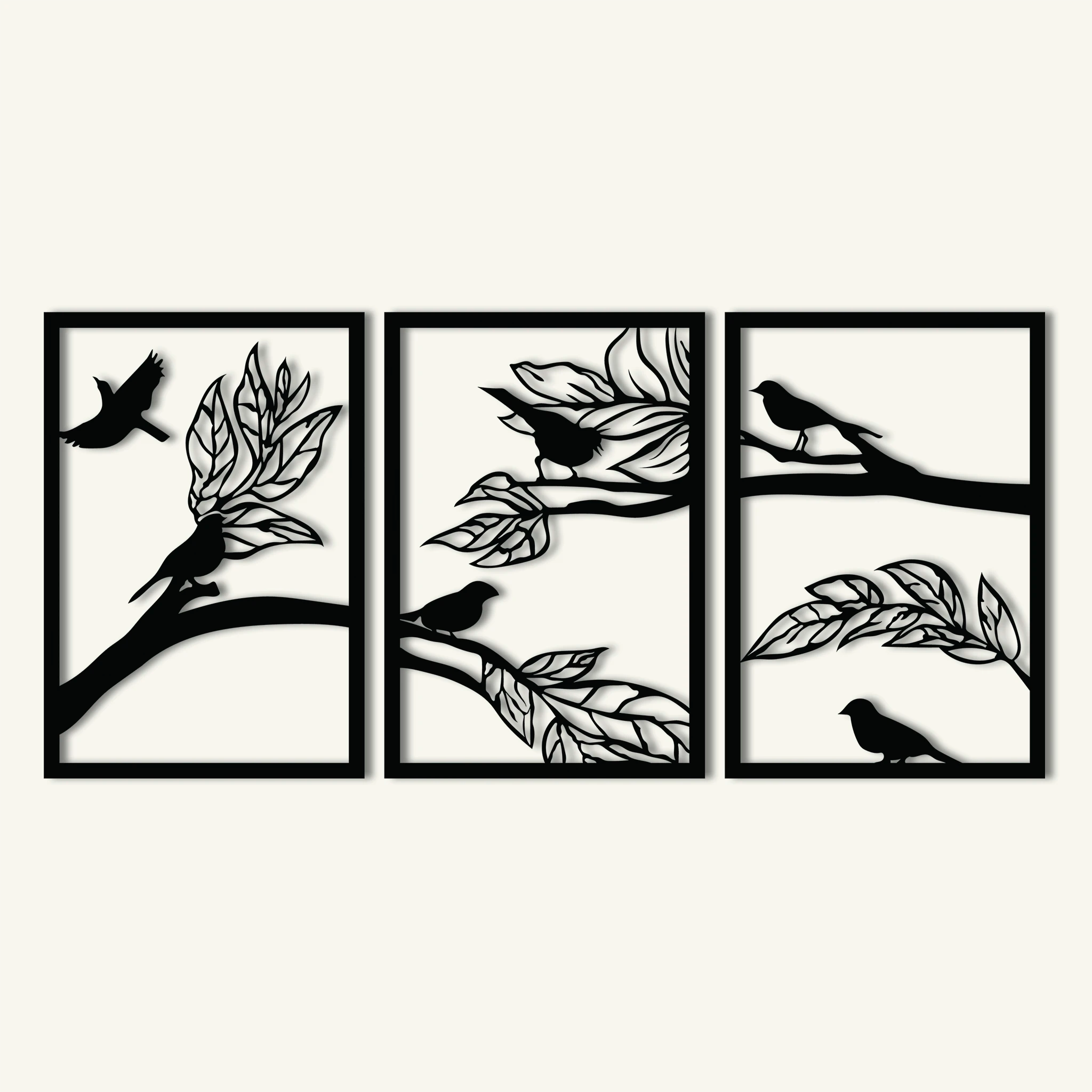 Artistic Birds and Branches Metal Wall Art Set 41 × 60 cm / Black