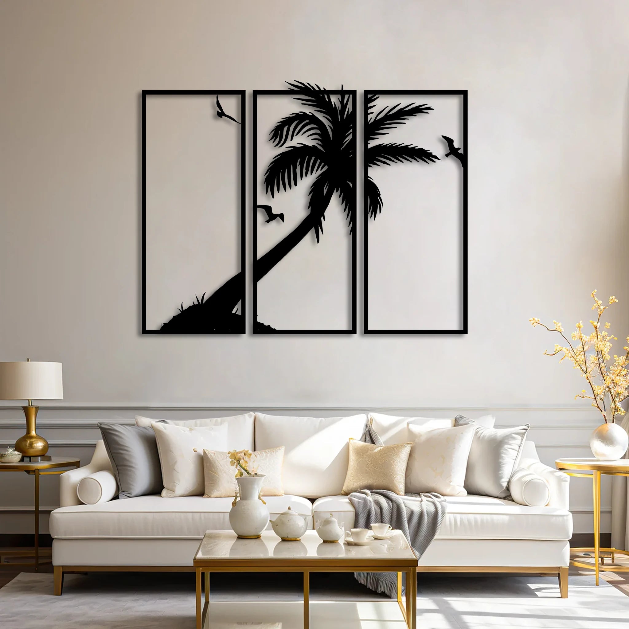 Coastal Palm Tree Metal Wall Art Set 25 × 61 cm / Black