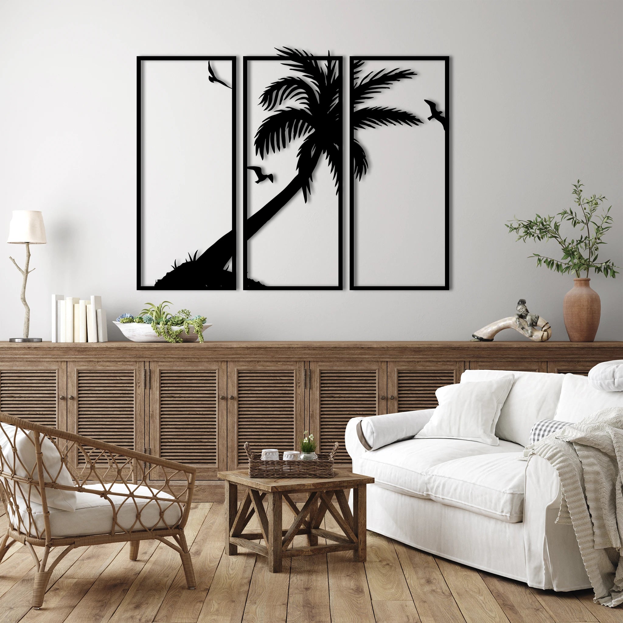 Coastal Palm Tree Metal Wall Art Set 25 × 61 cm / Black
