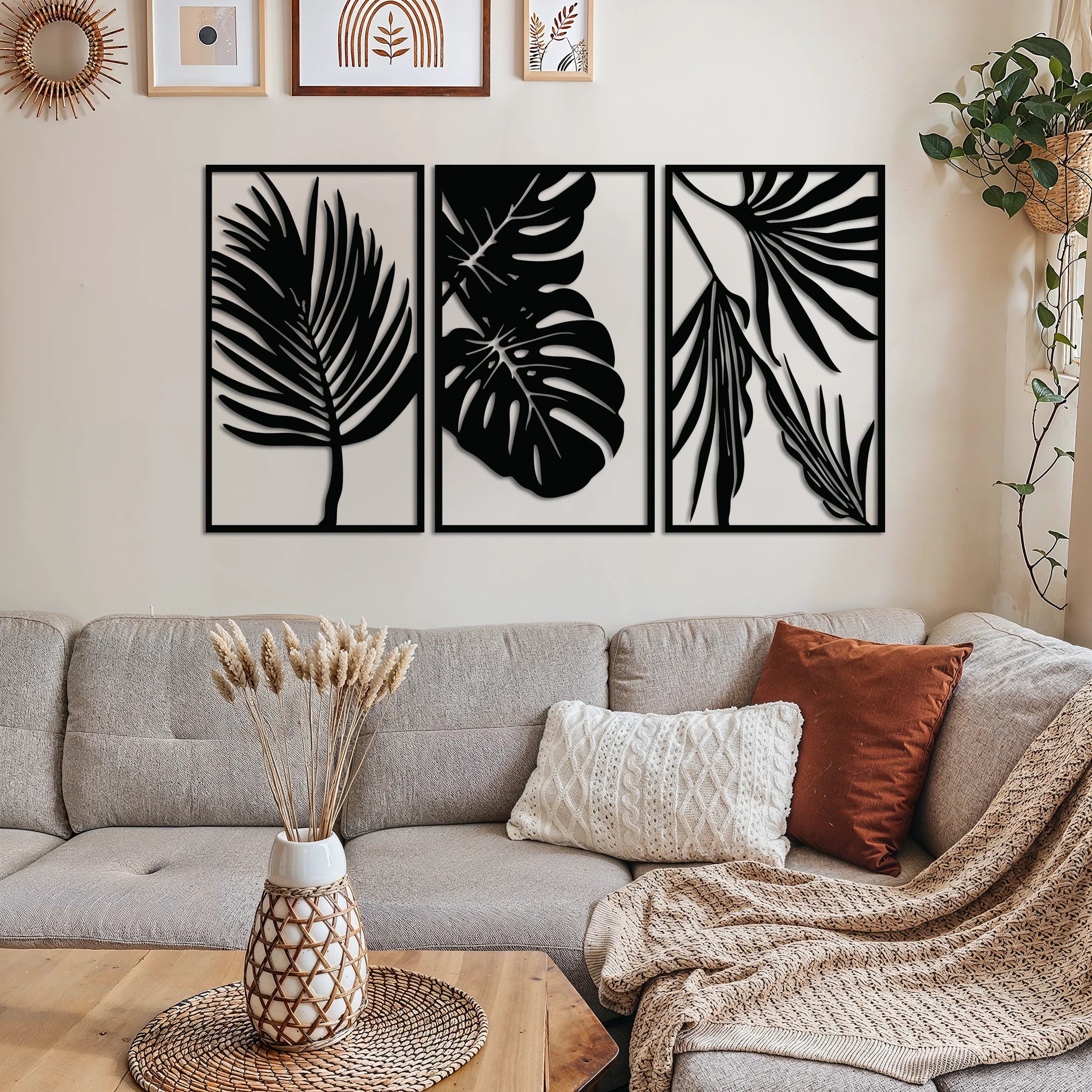 Contemporary Tropical Leaves Metal Wall Art Set 41 × 69 cm / Black