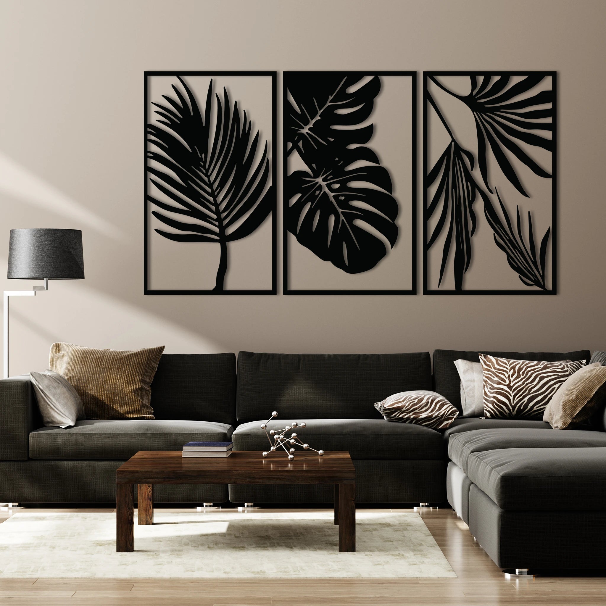Contemporary Tropical Leaves Metal Wall Art Set 41 × 69 cm / Black