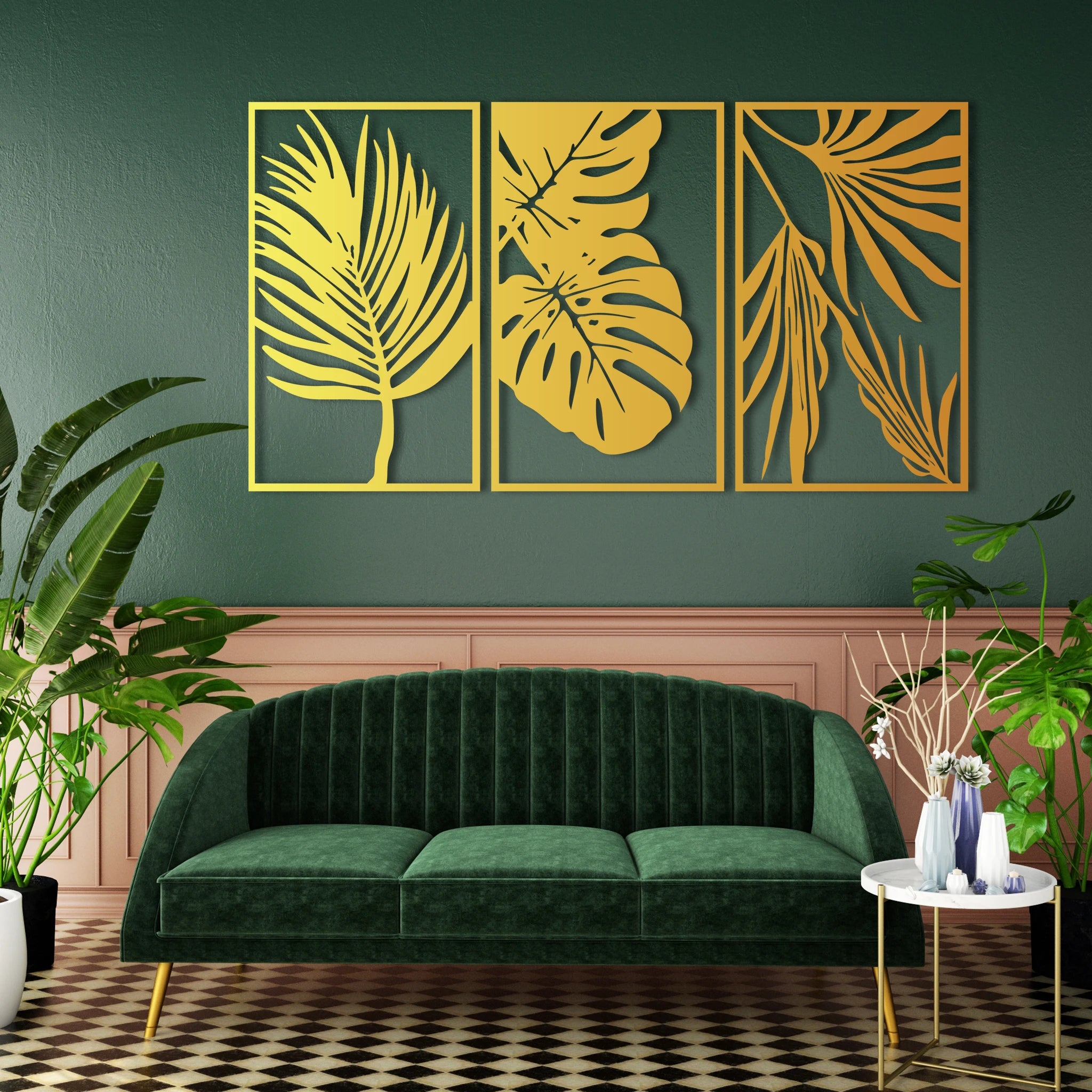 Contemporary Tropical Leaves Metal Wall Art Set 41 × 69 cm / Black