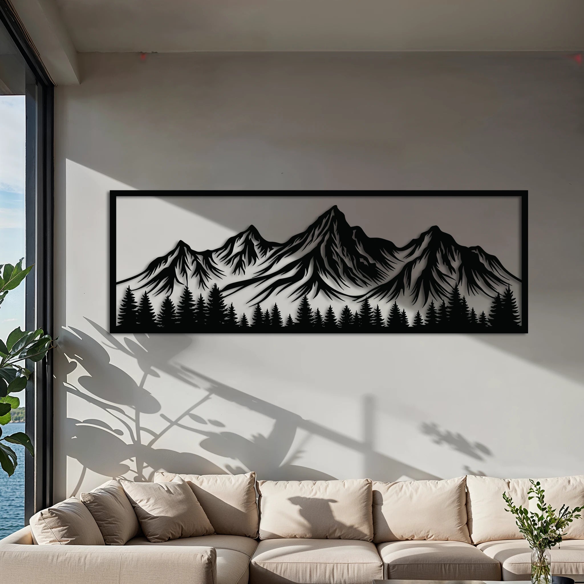 Scenic Mountain Forest Metal Wall Art 90 × 31 cm / Black